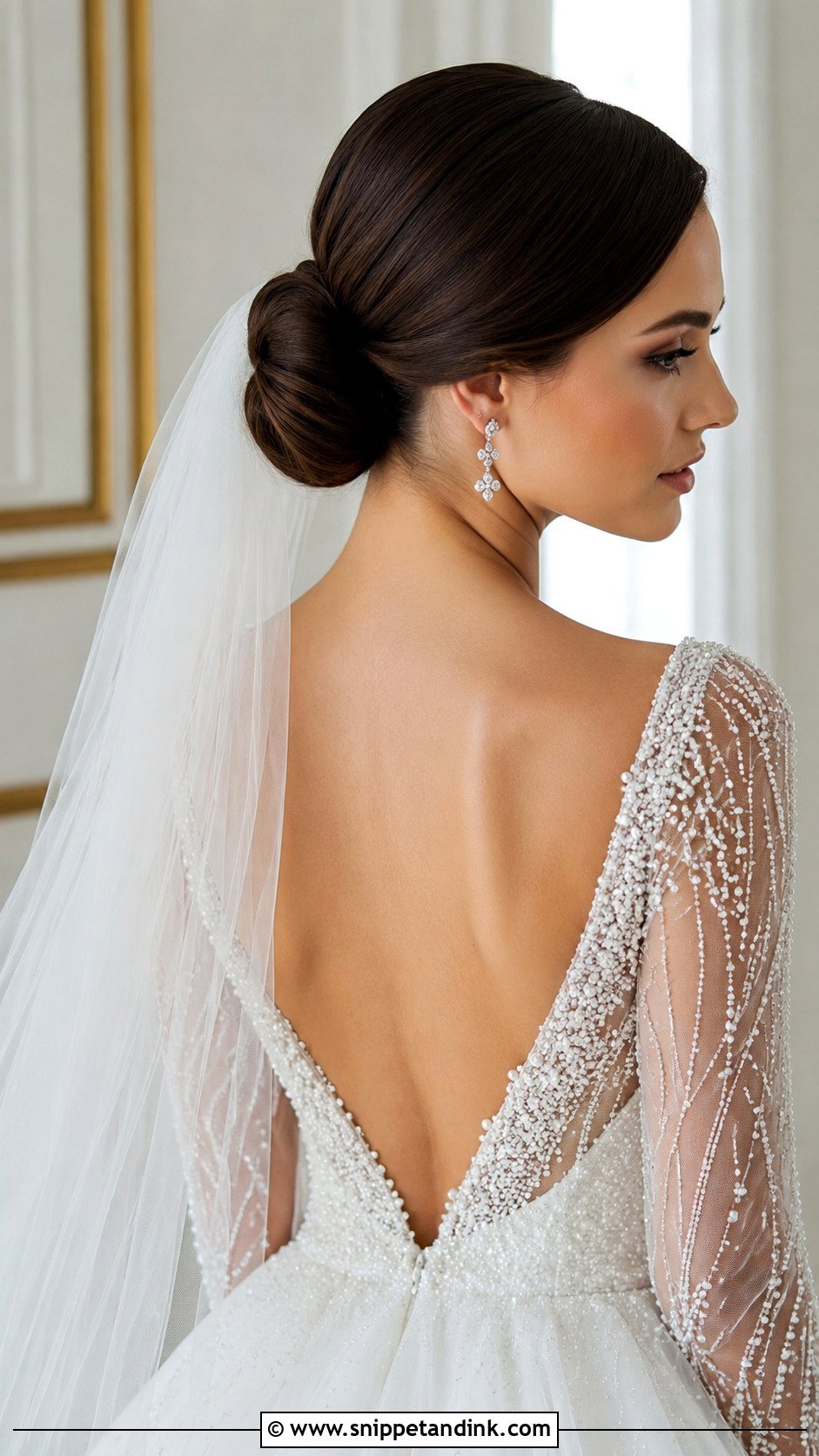 Low Bun With Side Part and Cathedral Veil - Snippet and Ink - 25 Cathedral Veil Hairstyle Ideas