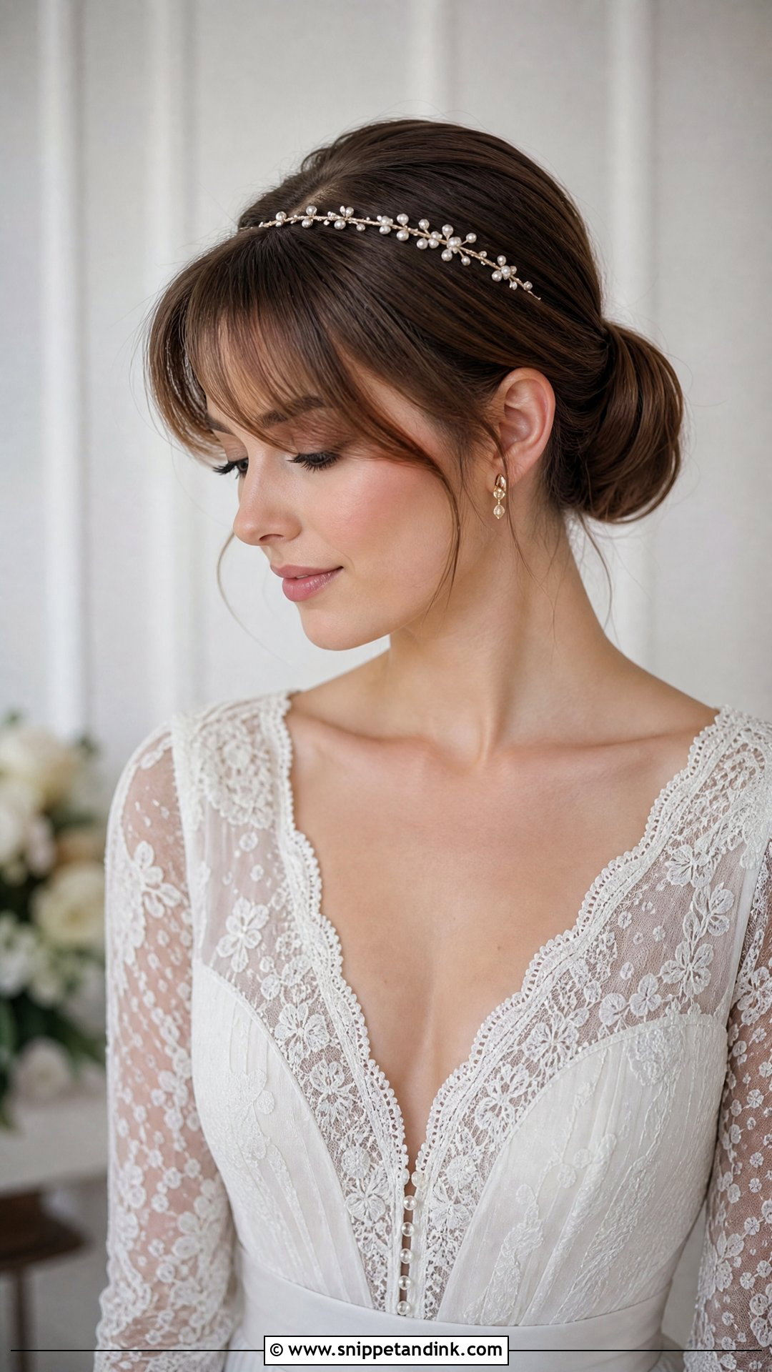 Low Bun With Side Swept Bangs - Snippet and Ink - 20 Bridal Low Bun Hairstyles