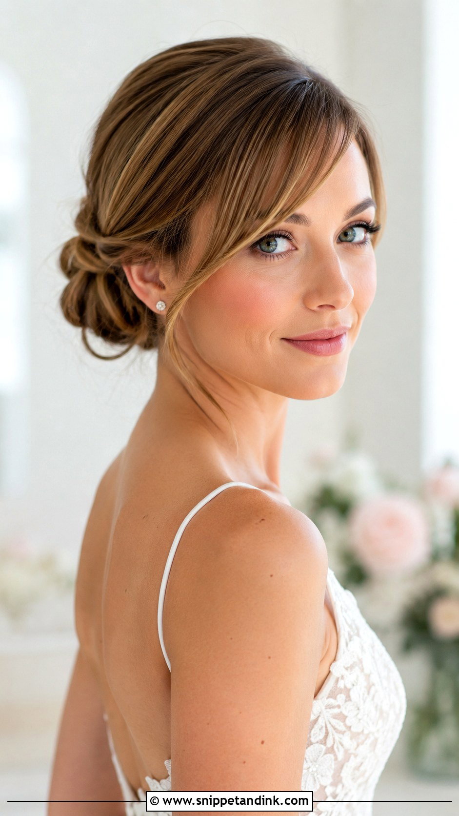 Low Bun With Side Swept Bangs - Snippet and Ink - 20 Low Wedding Updo Ideas