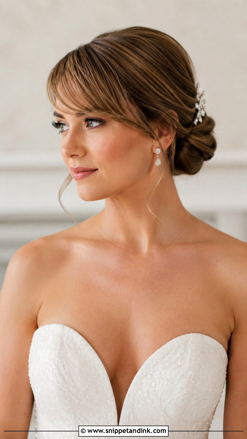 Low Bun With Side Swept Bangs - Snippet and Ink - 25 Wedding Hair Updo Front View Ideas
