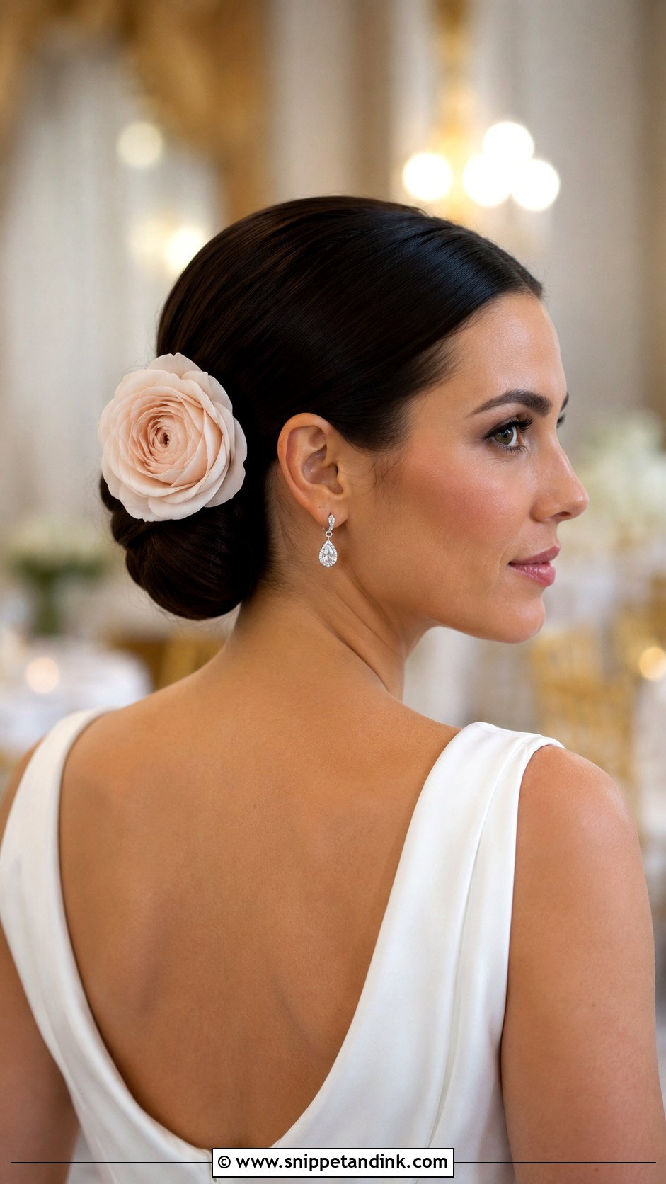 Low Bun With Single Bloom - Snippet and Ink - 25 Wedding Hair Flowers