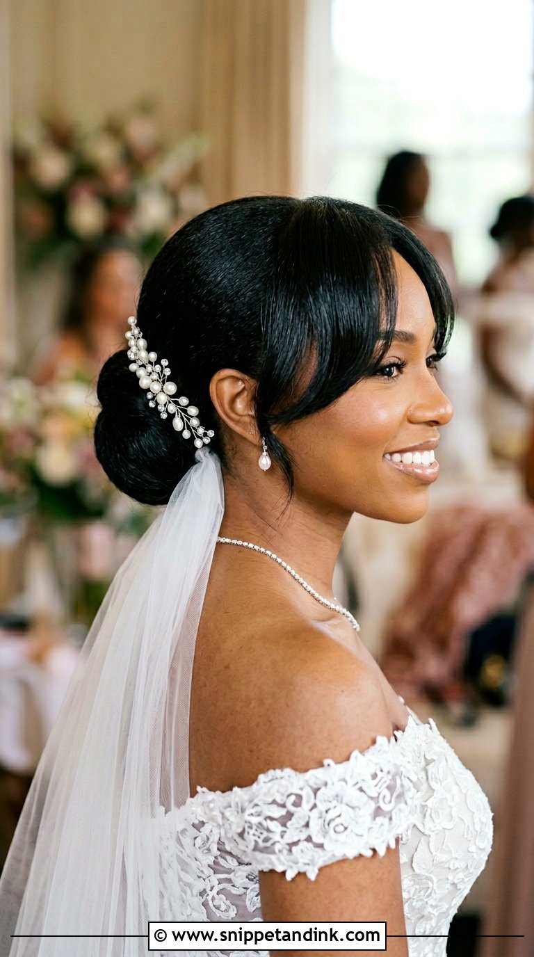 Low Bun With Swooped Bangs - Snippet and Ink - 20 Black Wedding Hair Ideas