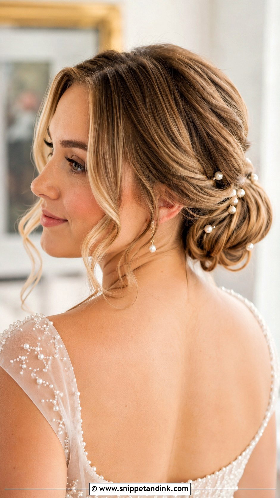 Low Bun With Tendrils and Pearls - Snippet and Ink - 25 Loose Low Bun Wedding Hair Ideas