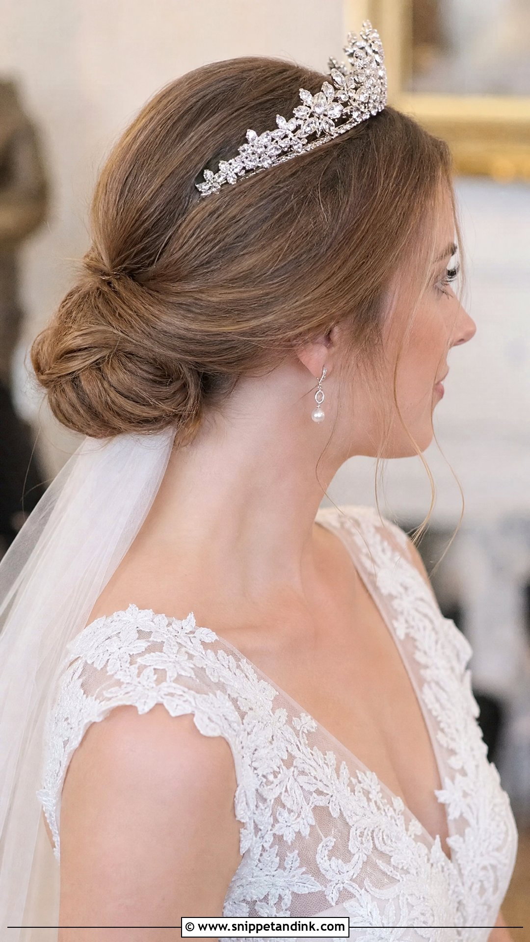 Low Bun With Tiara - Snippet and Ink - 20 Bridal Updo with Headpiece Ideas
