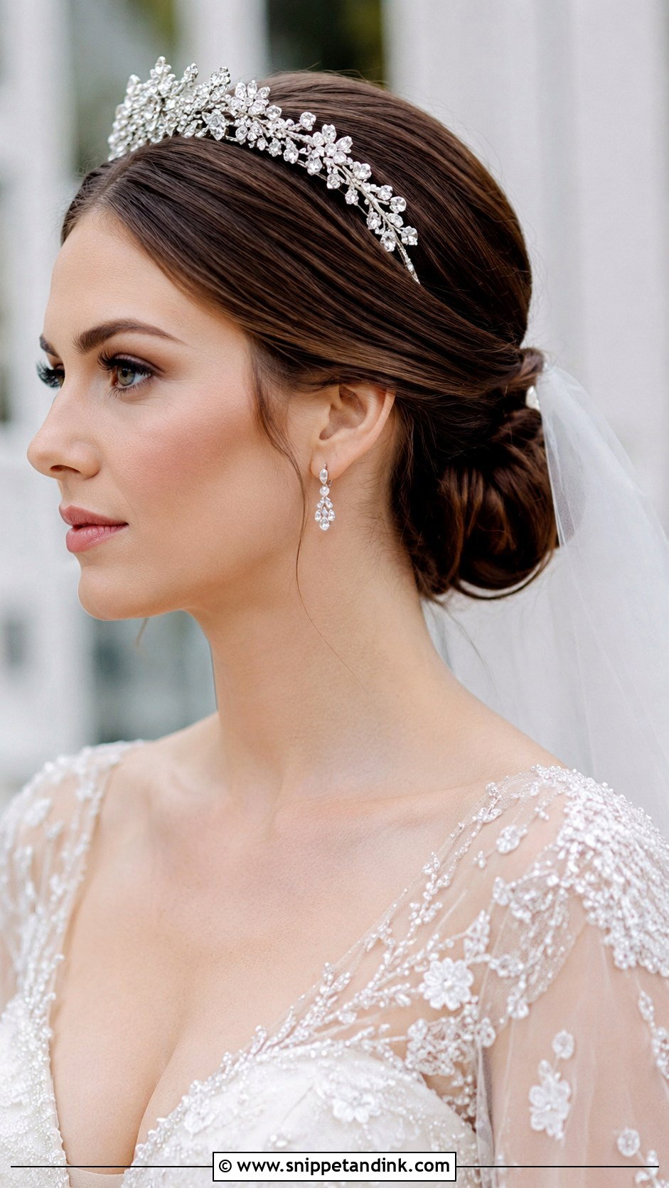 Low Bun With Tiara - Snippet and Ink - 35 Low Bun Wedding Hair Ideas