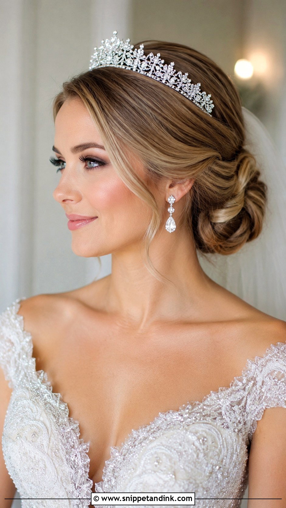 Low Bun With Tiara - Snippet and Ink - 25 Low Bridal Bun Ideas