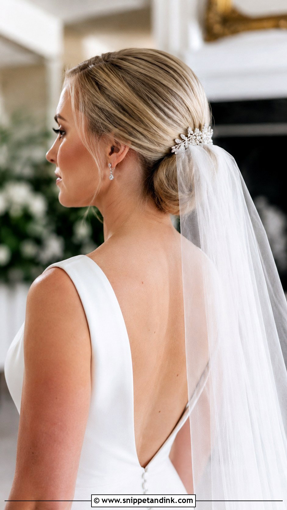 Low Bun With Veil - Snippet and Ink - 30 Low Updo Wedding Hair Ideas