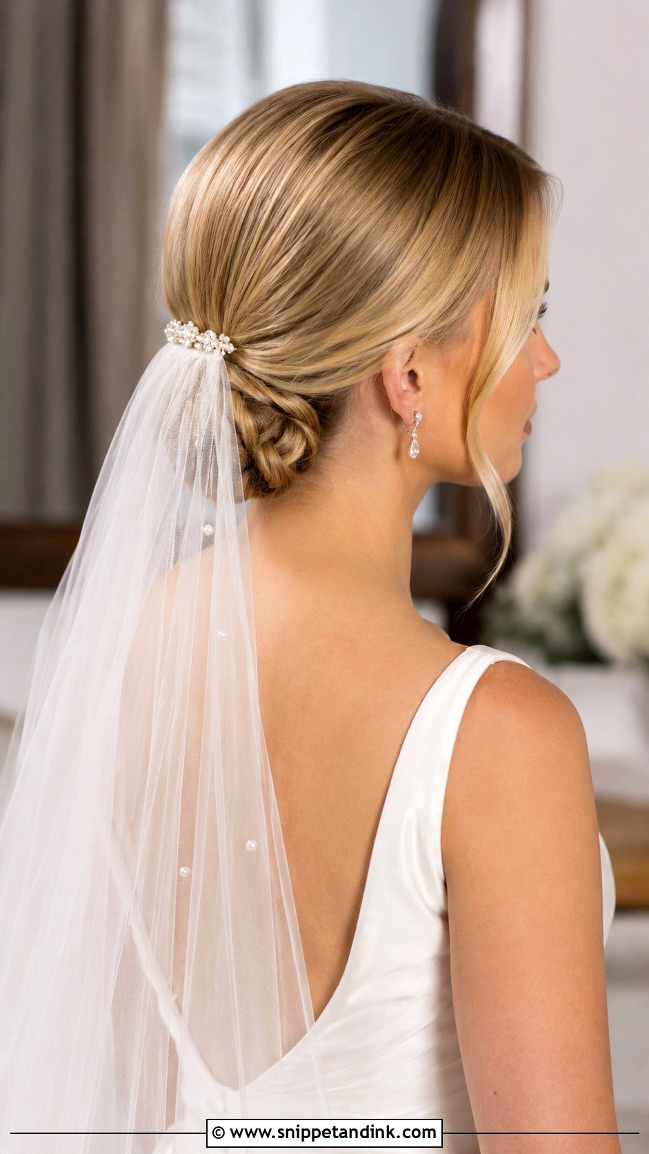 Low Bun With Veil For Short Wedding Hair - Snippet and Ink - 15 Low Bun Short Wedding Hair Ideas