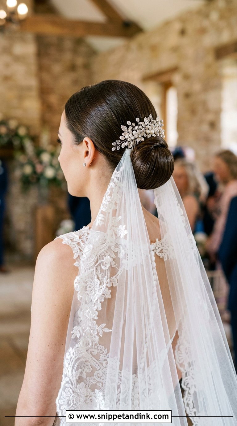 Low Bun With Veil for Wedding - Snippet and Ink - 20 Bun Hairstyle for Wedding Ideas