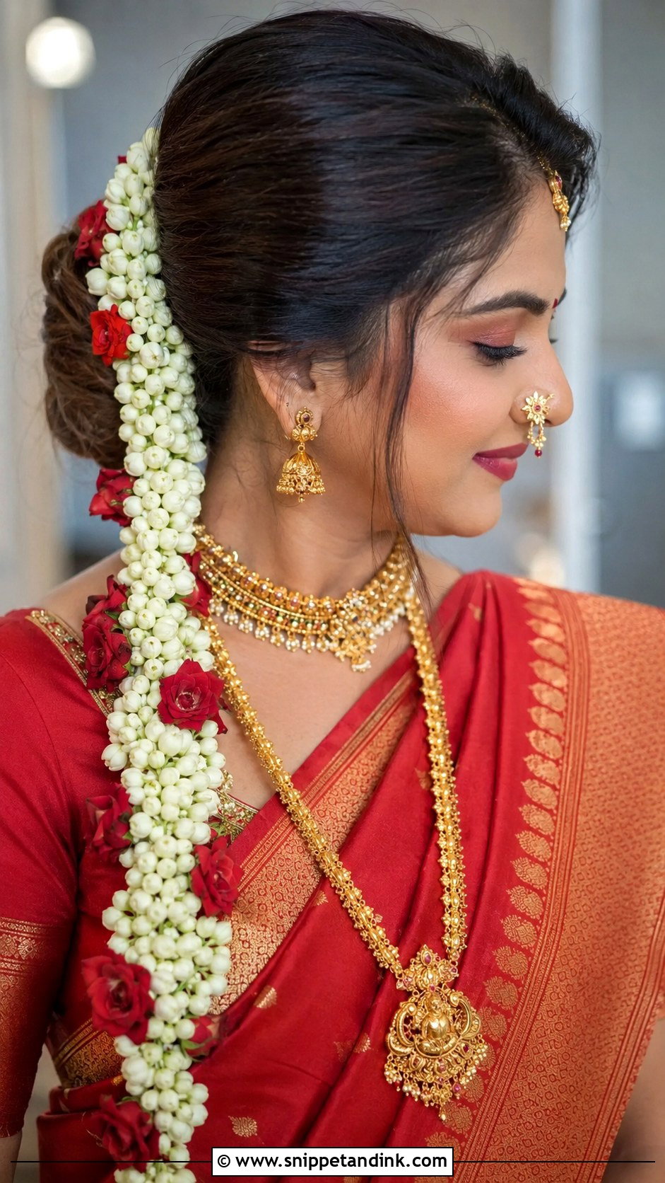 Low Bun With Veni Flowers - Snippet and Ink - 25 Marathi Bride Hairstyle Ideas
