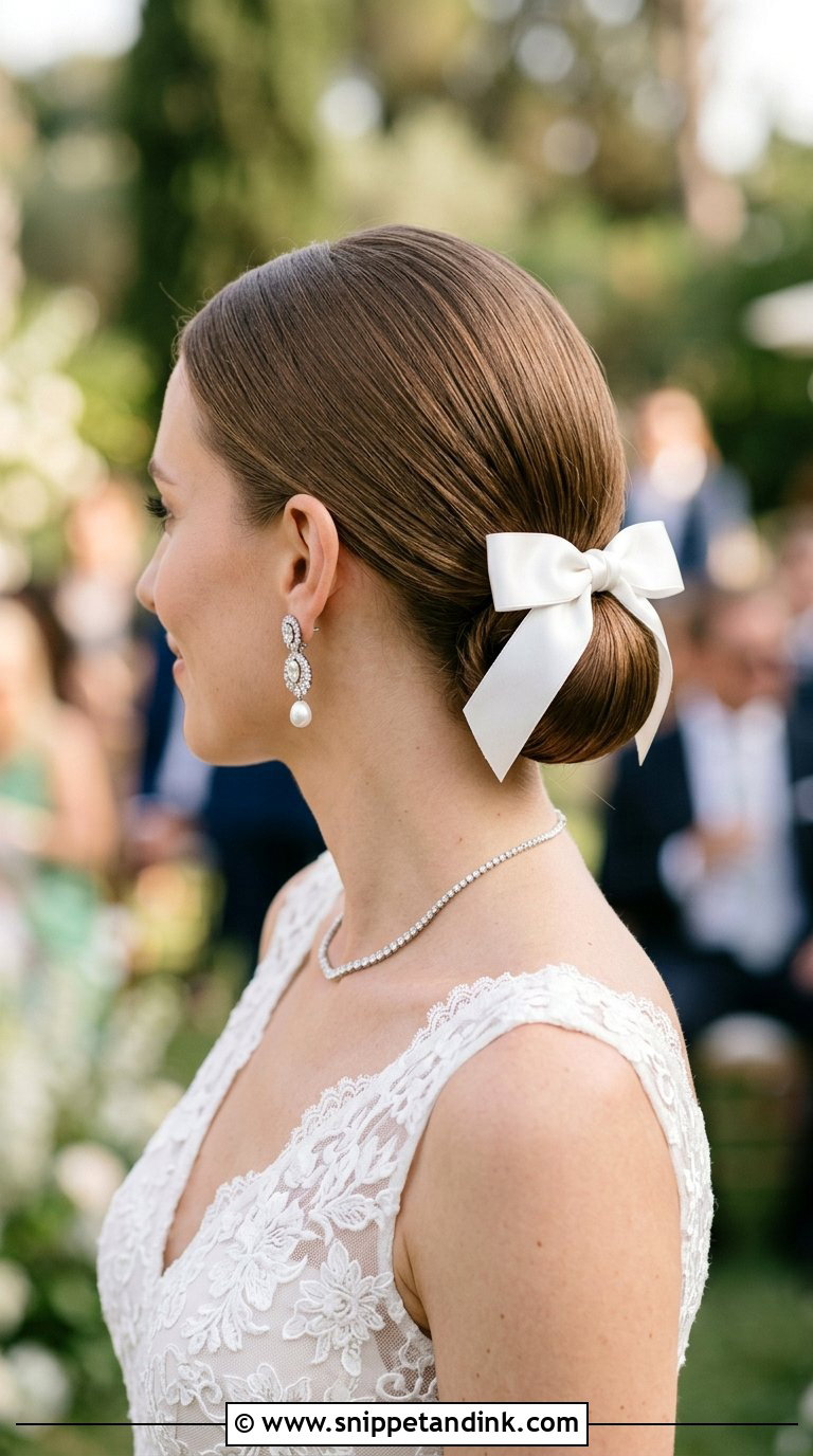 Low Bun With White Ribbon Bow - Snippet and Ink - 20 Bridal Hair with Bow Ideas