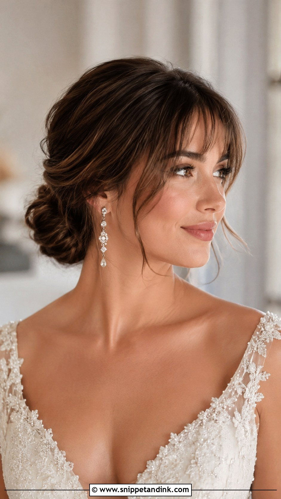 Low Bun With Wispy Bangs - Snippet and Ink - 20 Hairstyle with Bangs for Wedding Ideas