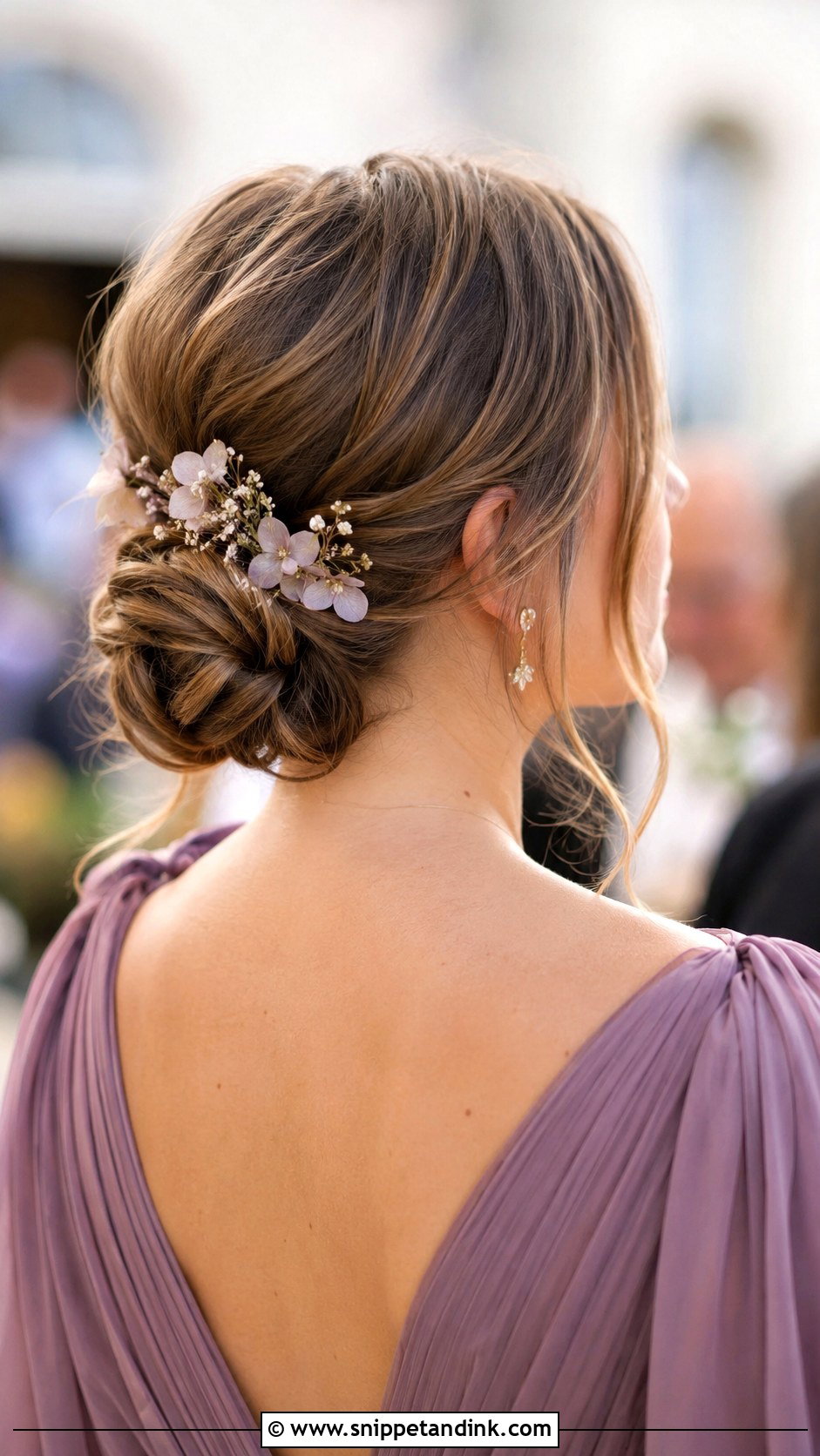 Low Bun With Wispy Tendrils - Snippet and Ink - 20 Short Hair Maid of Honor Hairstyles