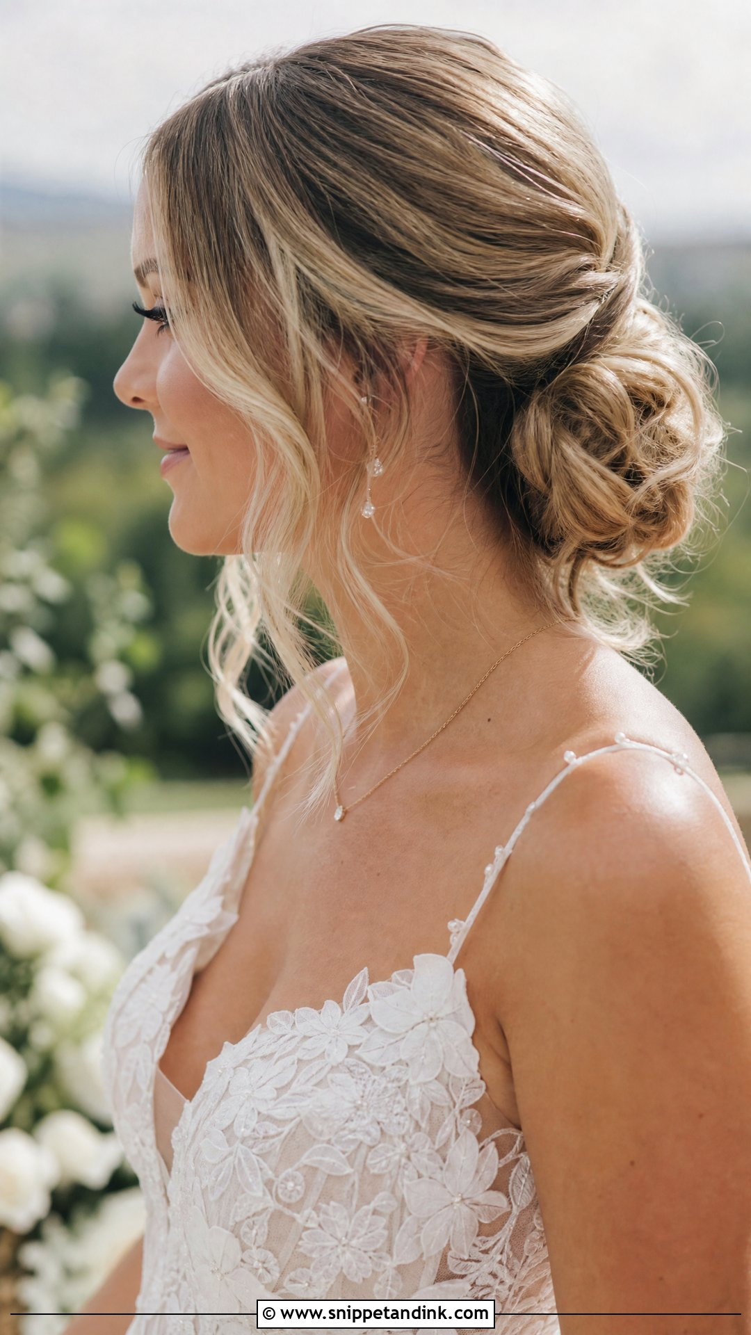 Low Bun With Wispy Tendrils - Snippet and Ink - 20 Sleek Low Bun Wedding Hair Ideas