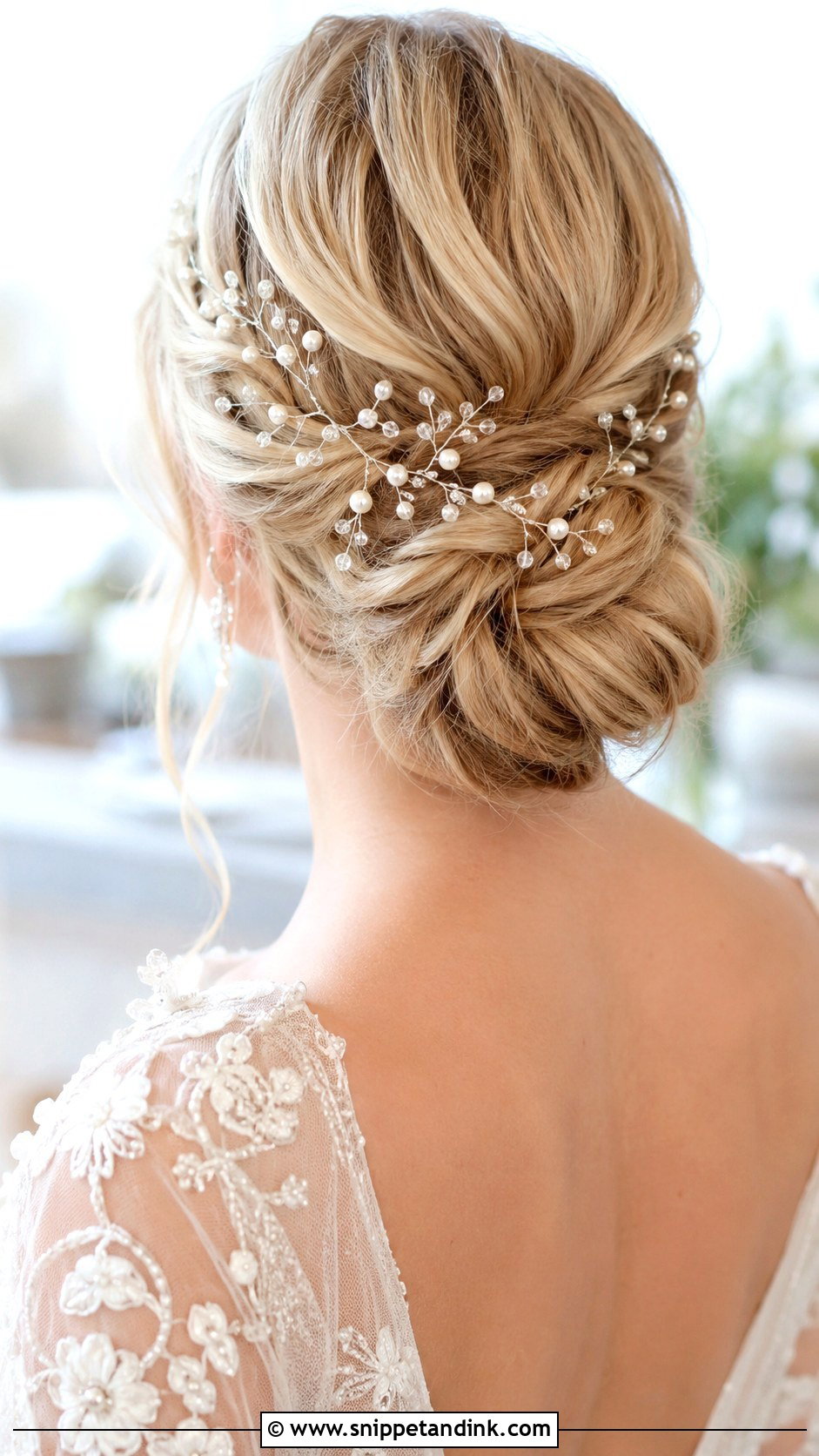 Low Bun With a Hair Vine - Snippet and Ink - 20 Low Loose Bun Wedding Ideas