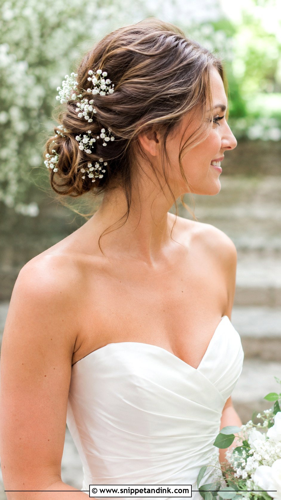 Low Bun with Babys Breath - Snippet and Ink - 20 Bridal Hair Buns with Flowers