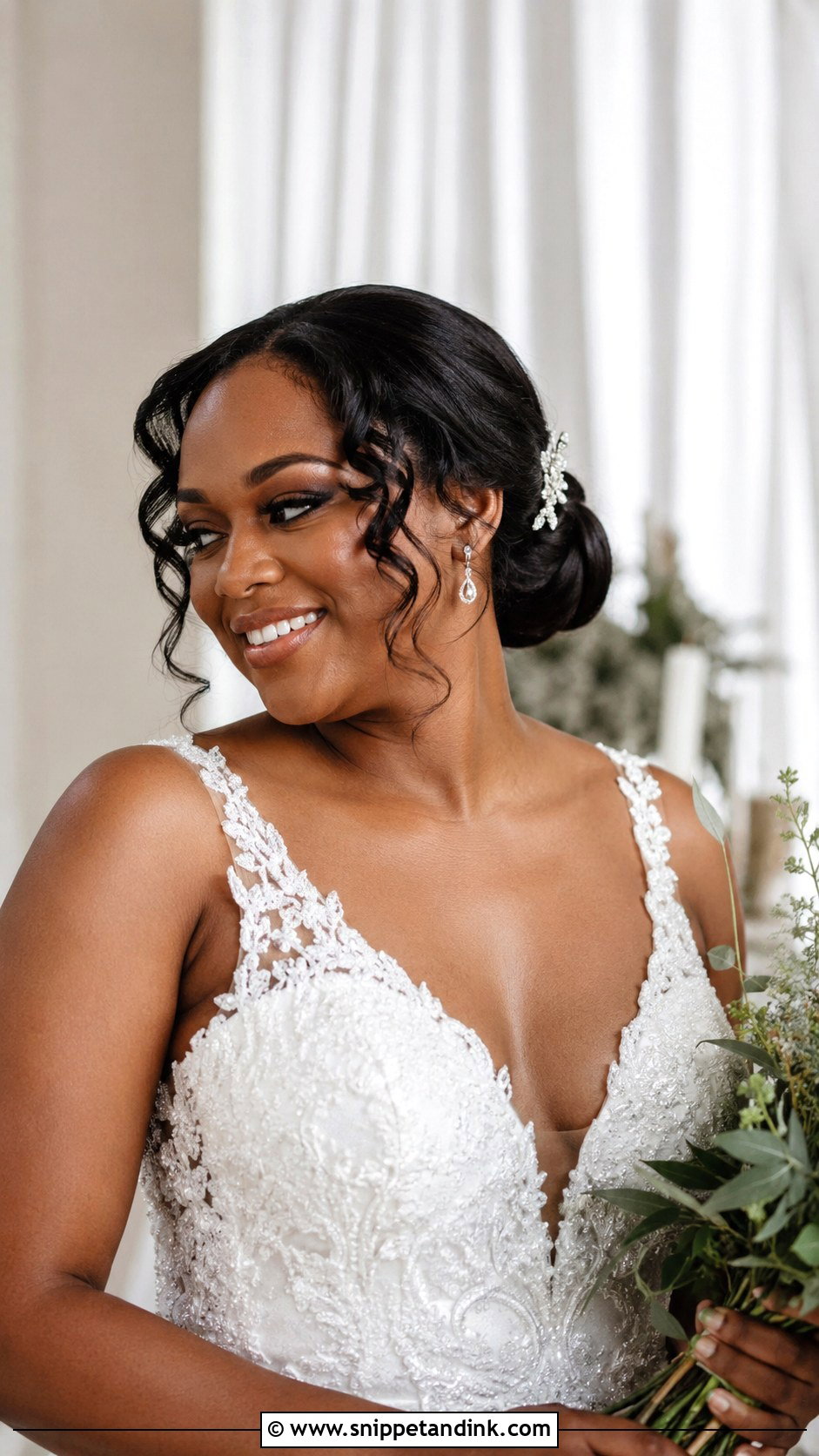Low Bun with Curly Tendrils - Snippet and Ink - 25 Black Wedding Hairstyles for Bride