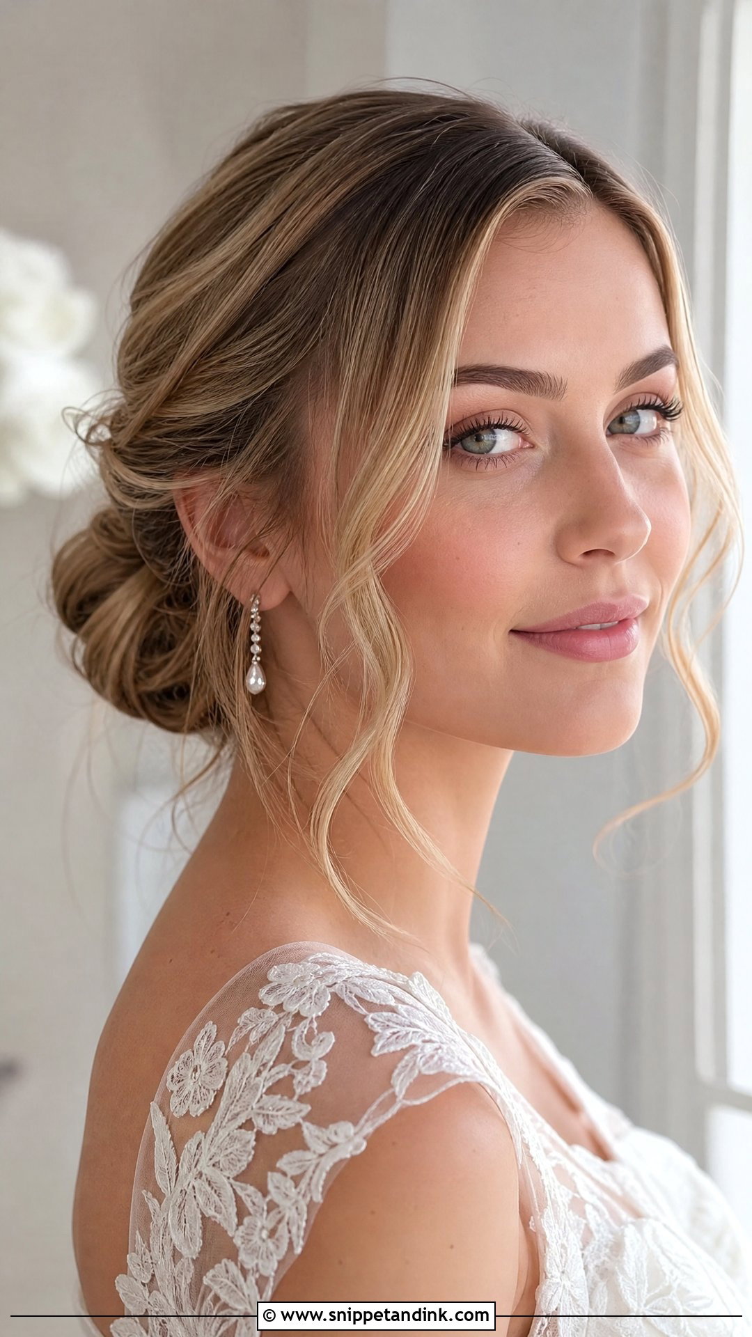 Low Bun with Face Framing Curls - Snippet and Ink - 20 Simple Wedding Updos for Long Hair