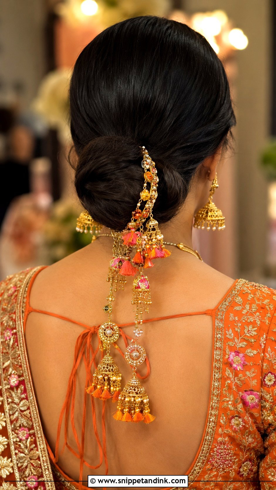 Low Bun with Gota Latkans - Snippet and Ink - 30 Mehndi Hairstyles for Bride