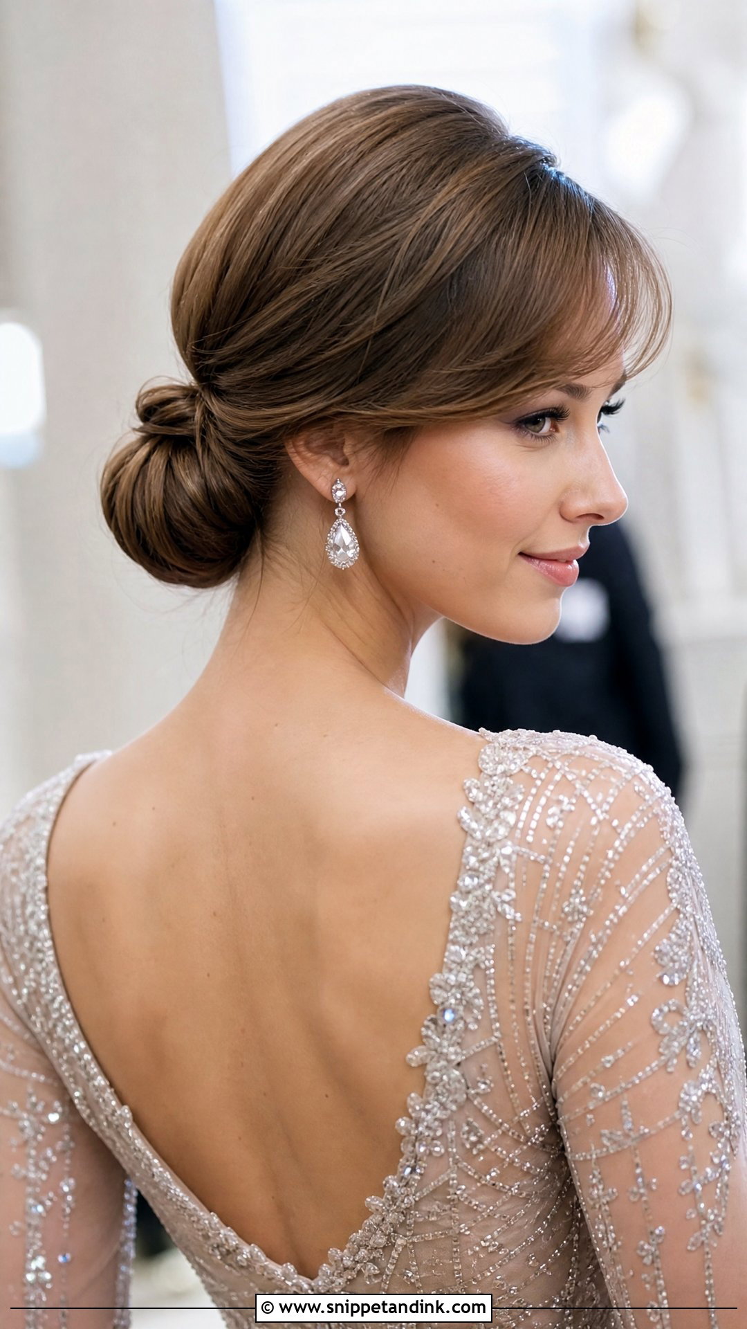 Low Bun with Side Bangs - Snippet and Ink - 20 Easy Wedding Guest Hairstyles Short Hair
