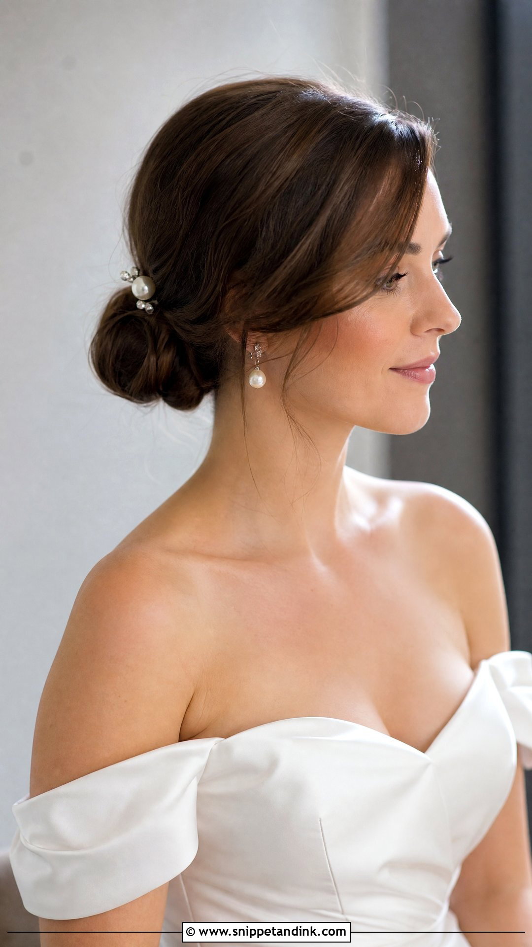 Low Bun with Side Swept Fringe - Snippet and Ink - 20 Wedding Hair with Fringe Ideas