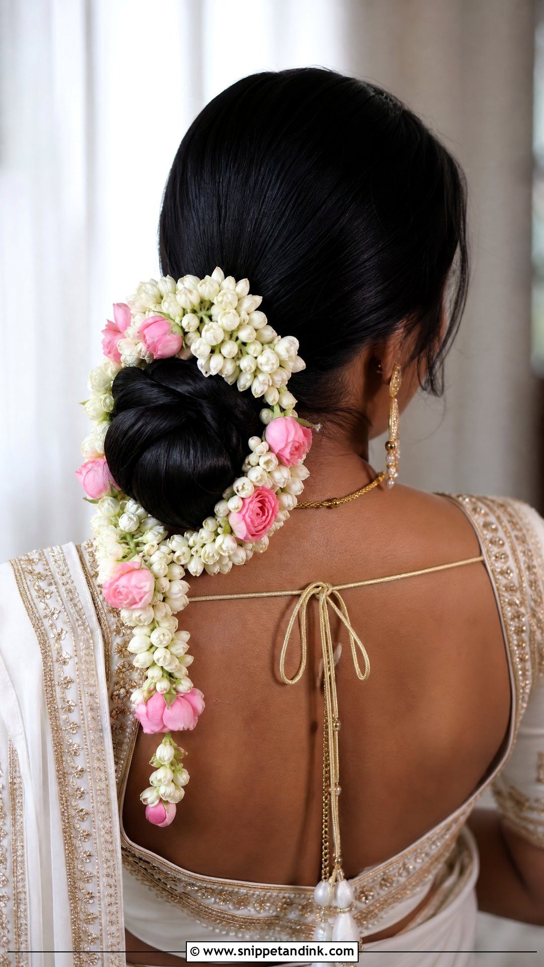 Low Bun with Trailing Flowers - Snippet and Ink - 20 Indian Flower Bridal Bun Hairstyles