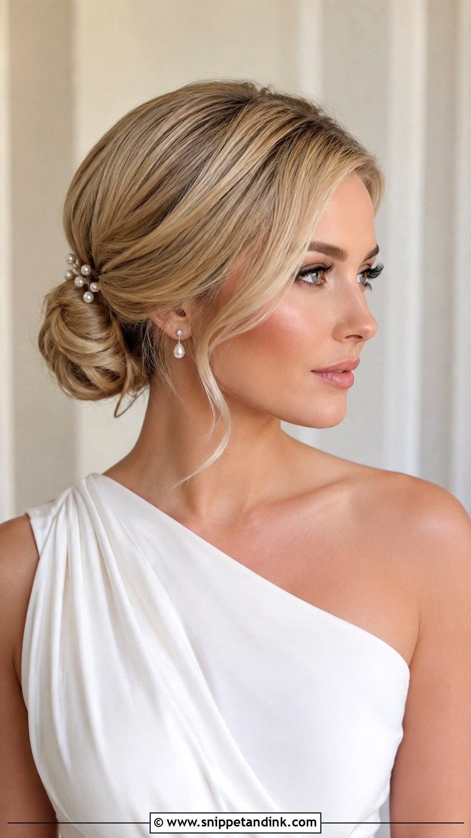 Low Chignon For One Shoulder Dress - Snippet and Ink - 15 Wedding Hairstyles for One Shoulder Dress