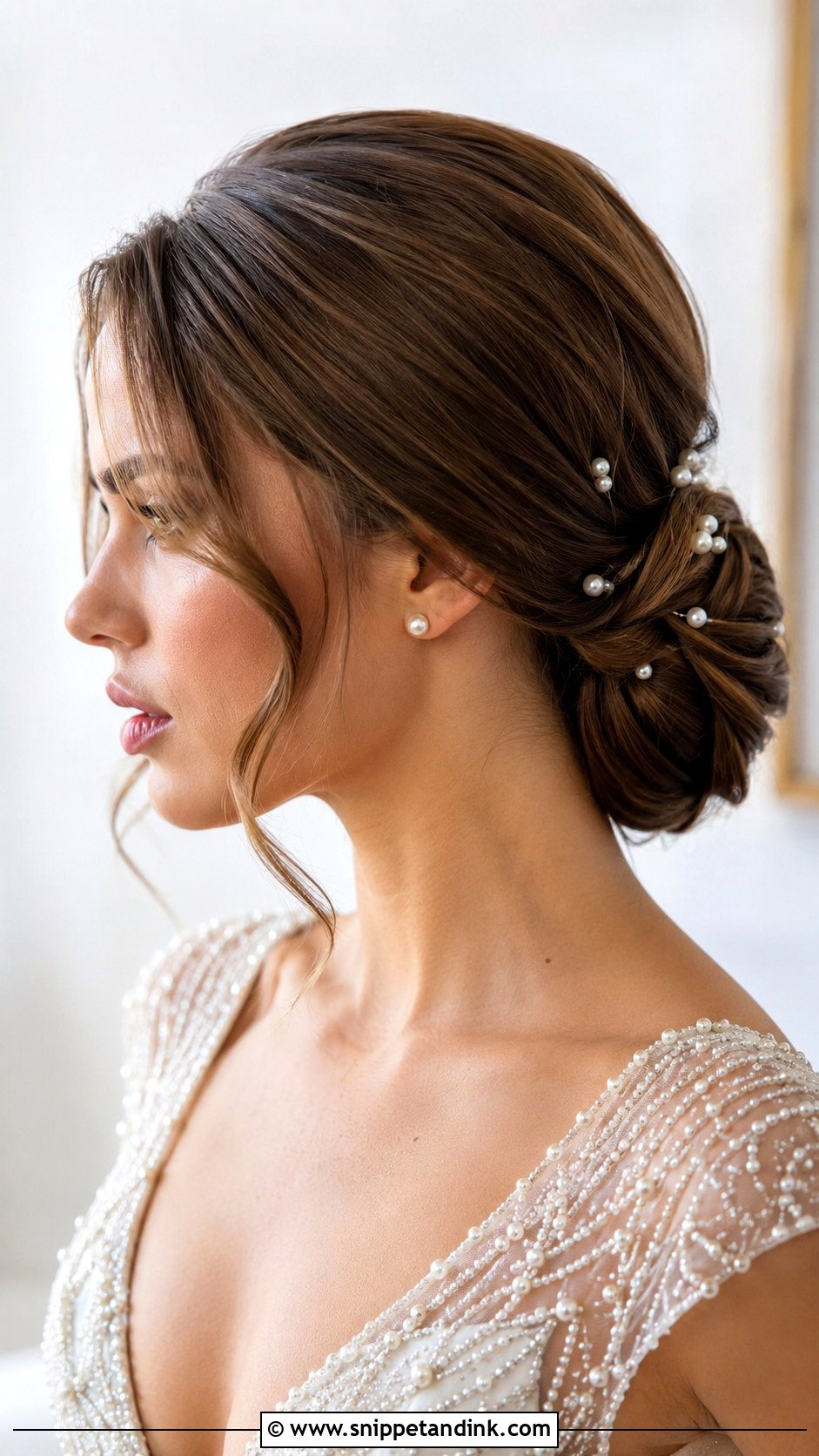 Low Chignon Wedding Hair With Pearls - Snippet and Ink - 15 Low Chignon Wedding Ideas