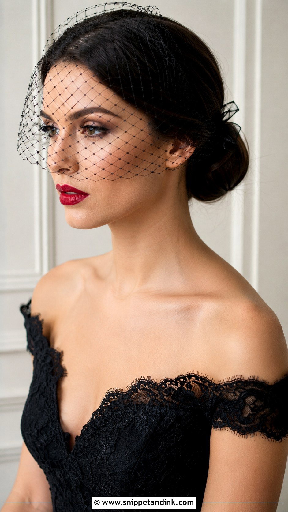 Low Chignon With Black Birdcage Veil - Snippet and Ink - 25 Goth Wedding Hair Ideas