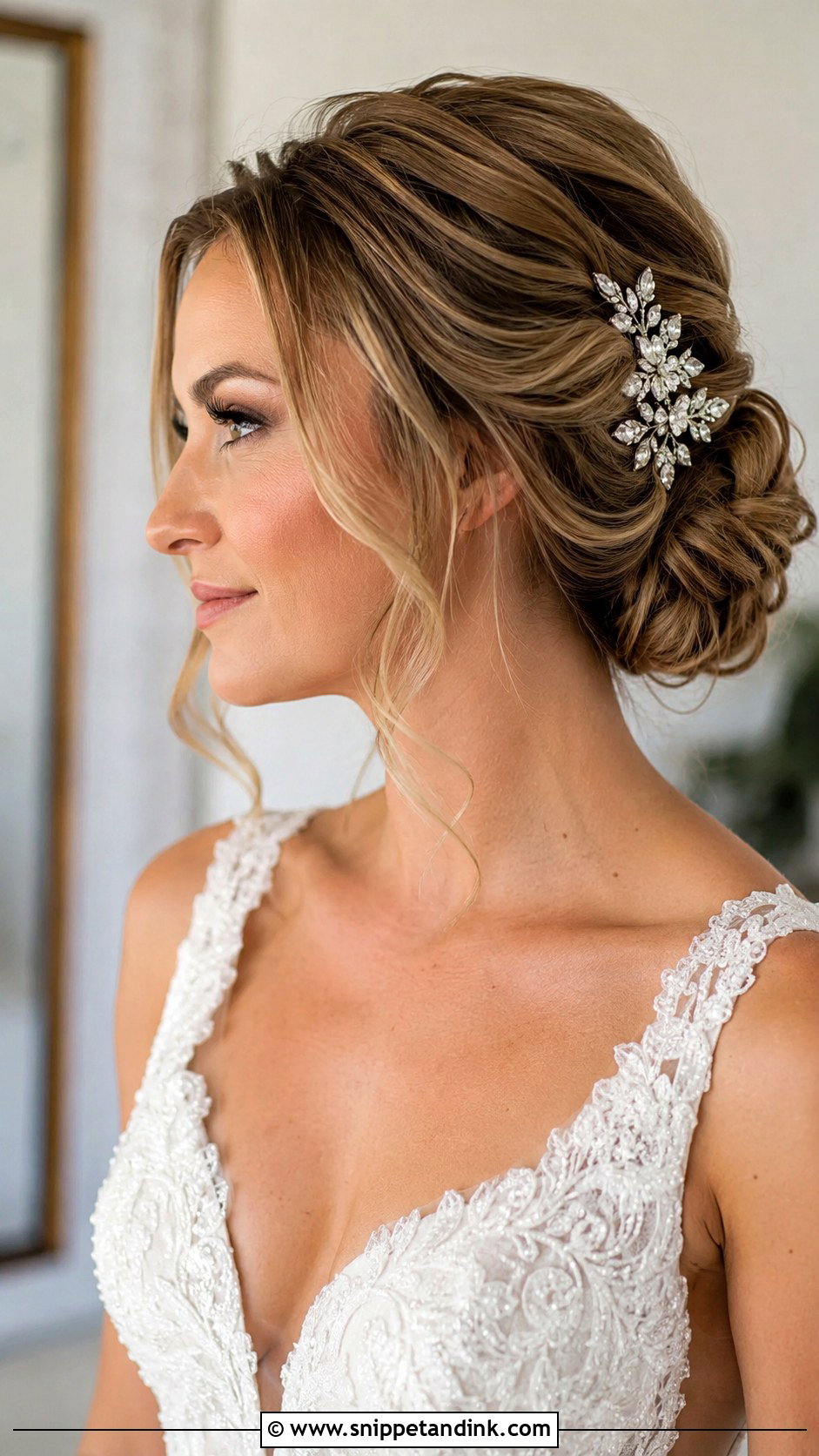 Low Chignon With Face Framing Tendrils - Snippet and Ink - 20 Round Face Bridal Hairstyles