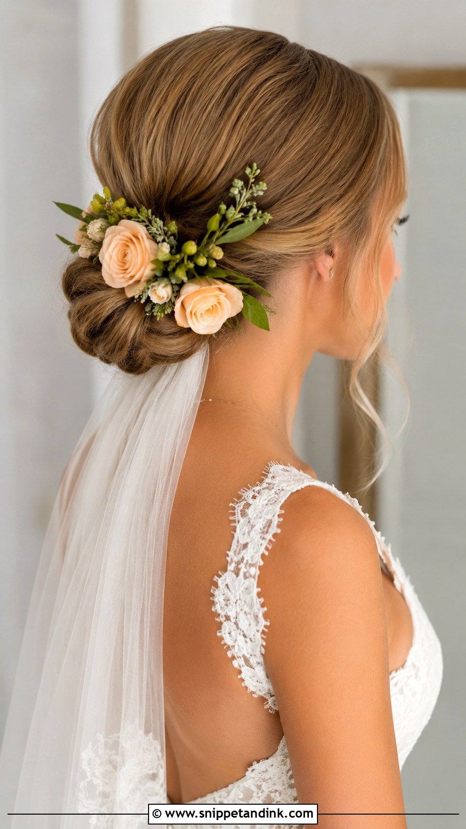 Low Chignon With Floral Accents - Snippet and Ink - 25 Whimsical Wedding Hair Ideas