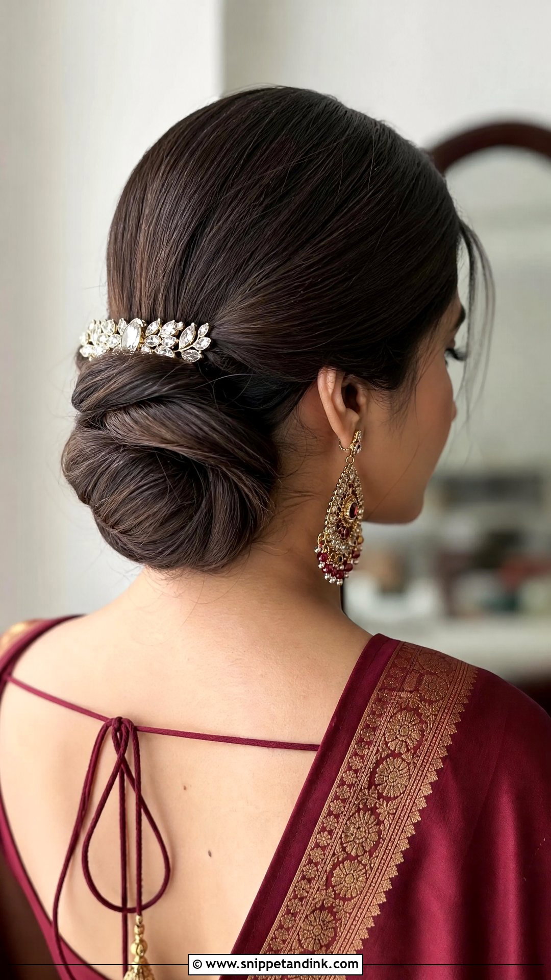 Low Chignon With Hair Accessory - Snippet and Ink - 20 Indian Hairstyle for Mom of Bride Ideas