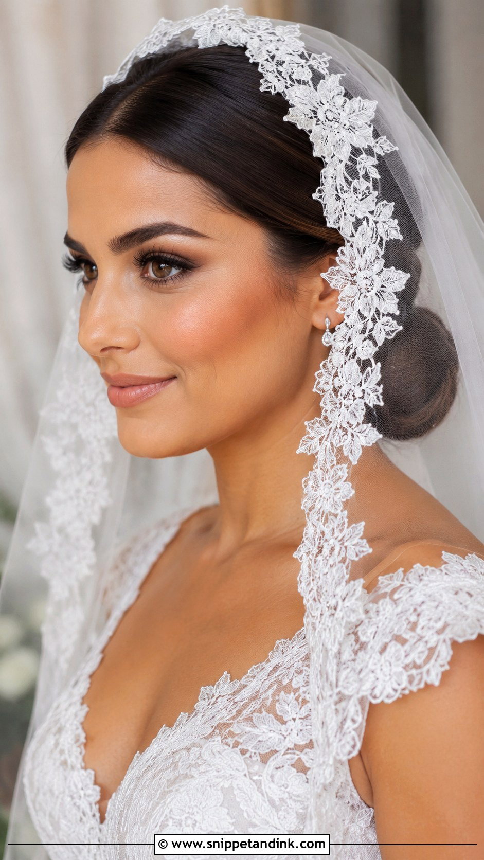 Low Chignon With Mantilla Veil - Snippet and Ink - 25 Updo with Veil Ideas