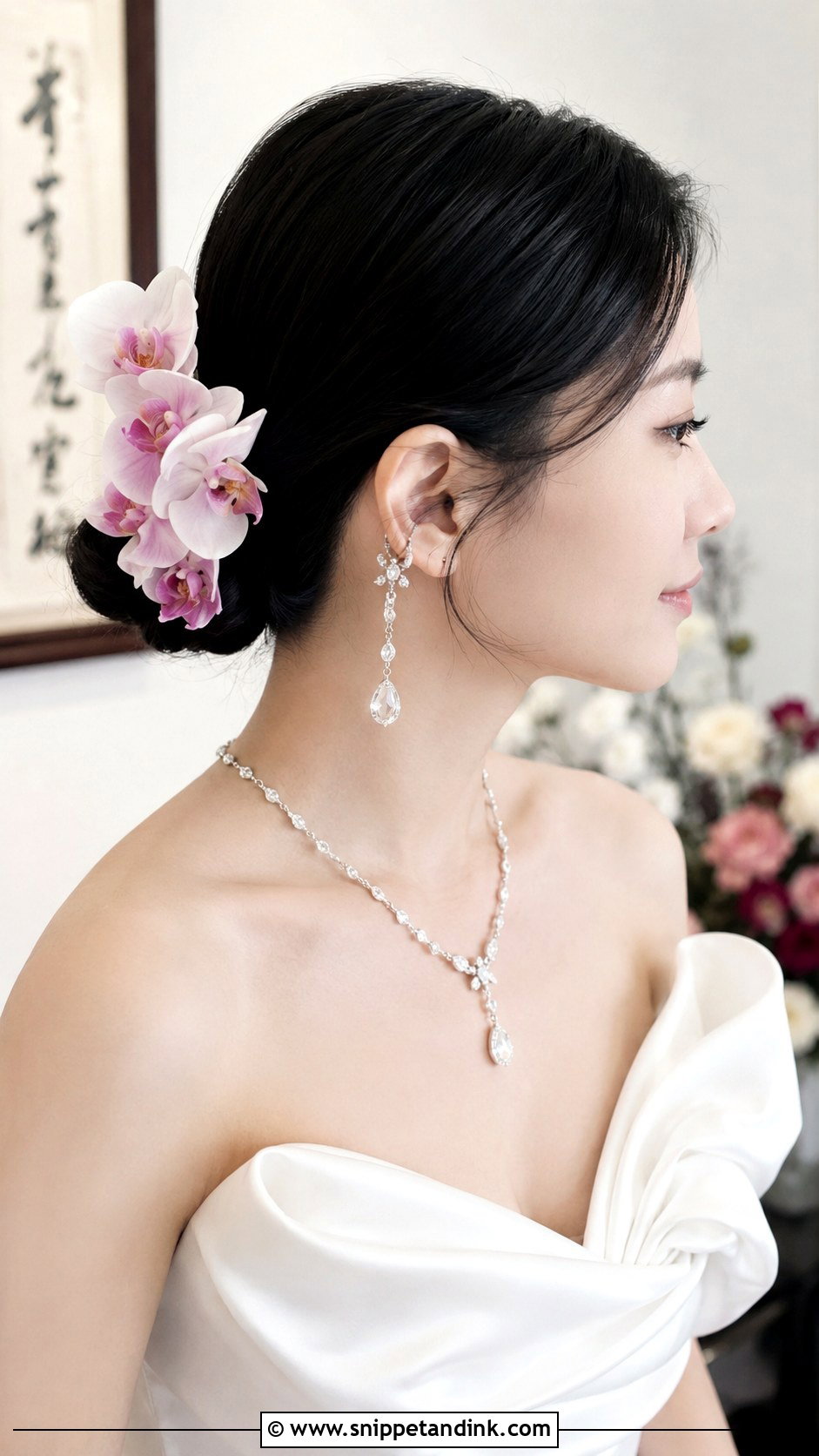 Low Chignon With Orchids - Snippet and Ink - 20 Flower Wedding Hairstyles