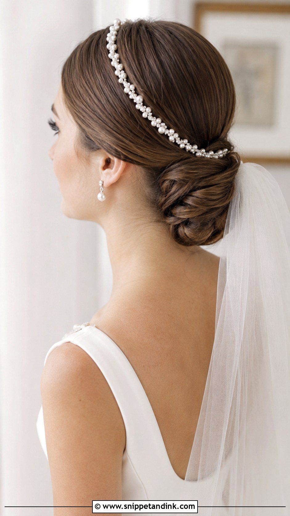 Low Chignon With Pearl Band - Snippet and Ink - 20 Hairband Wedding Hairstyle Ideas