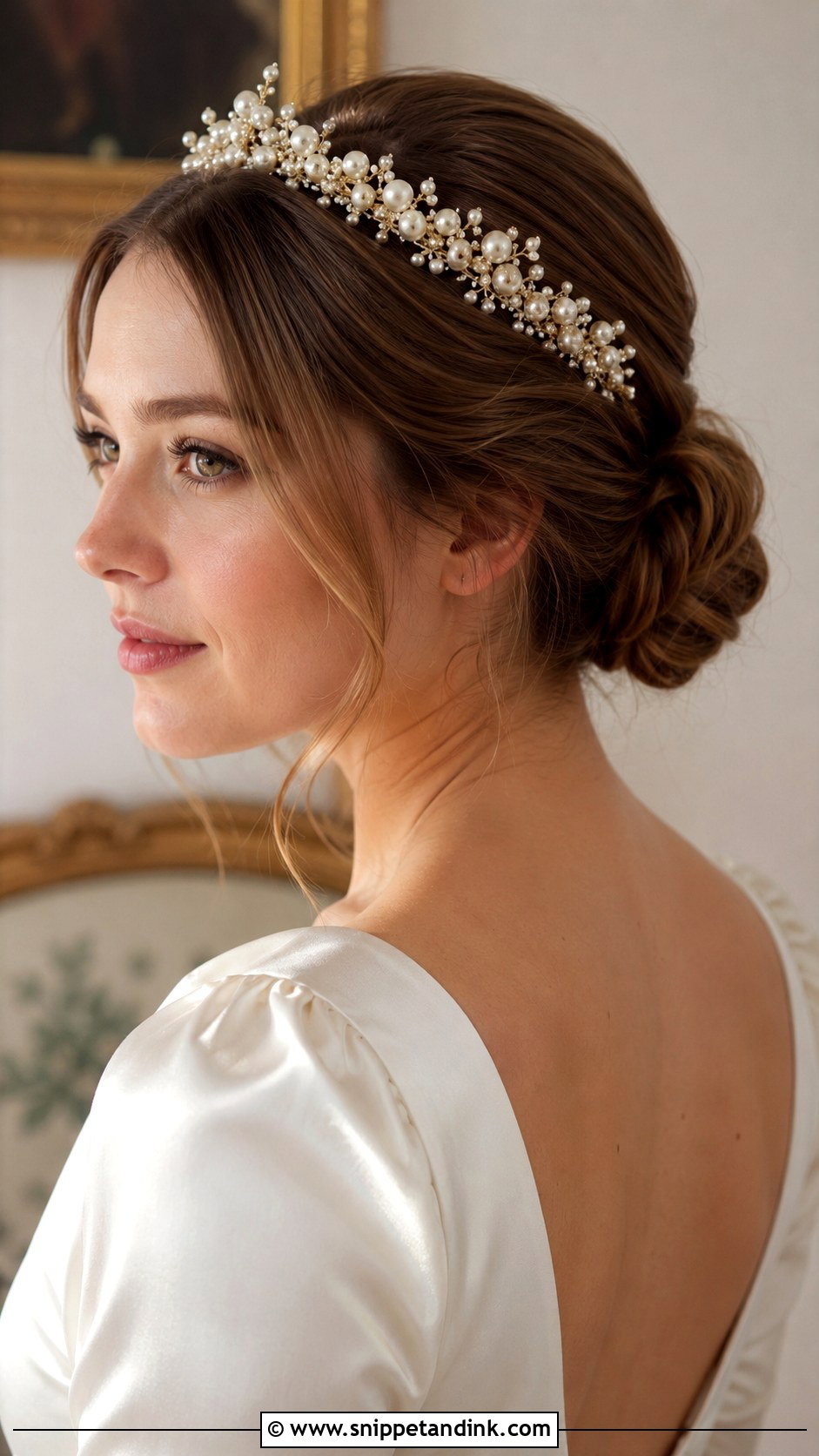 Low Chignon With Pearl Crown - Snippet and Ink - 20 Wedding Hair with Crown Ideas
