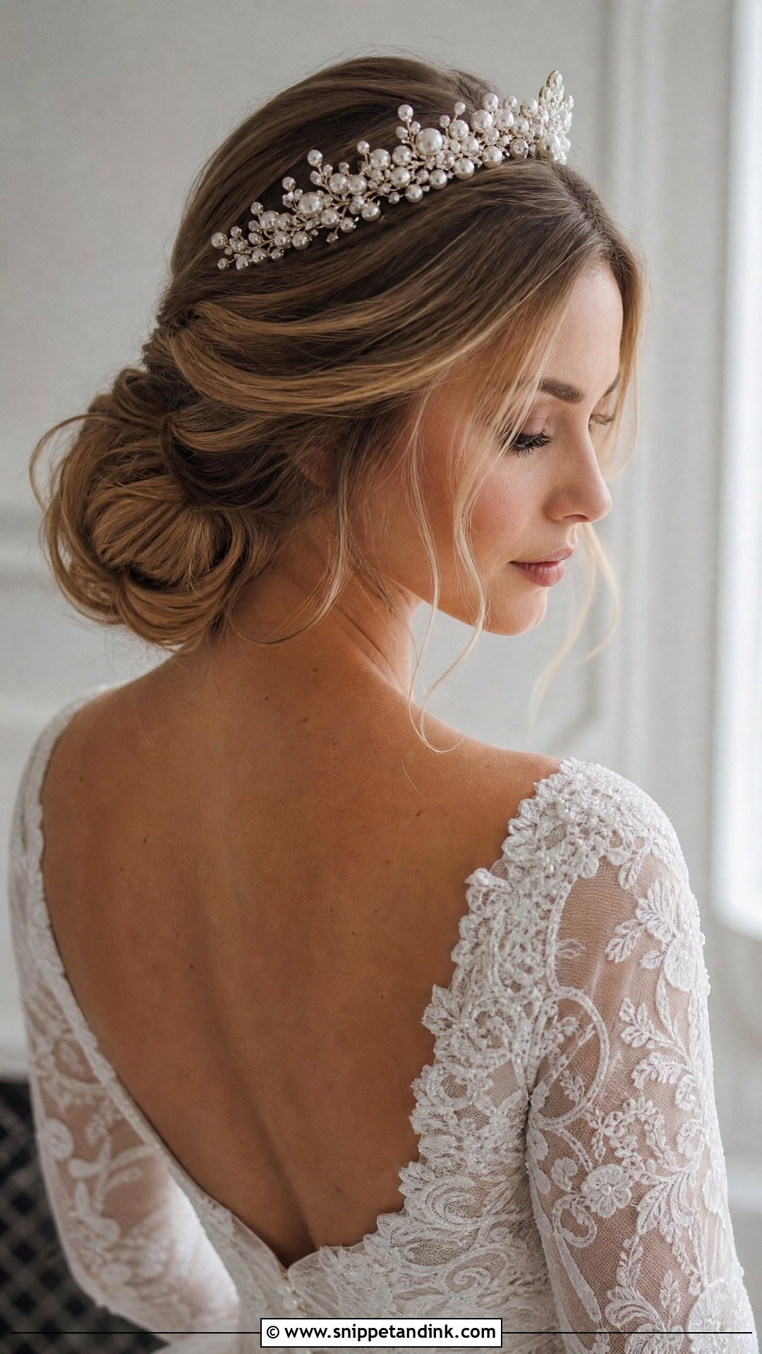 Low Chignon With Pearl Crown - Snippet and Ink - 25 Bridal Hairstyles with Crown