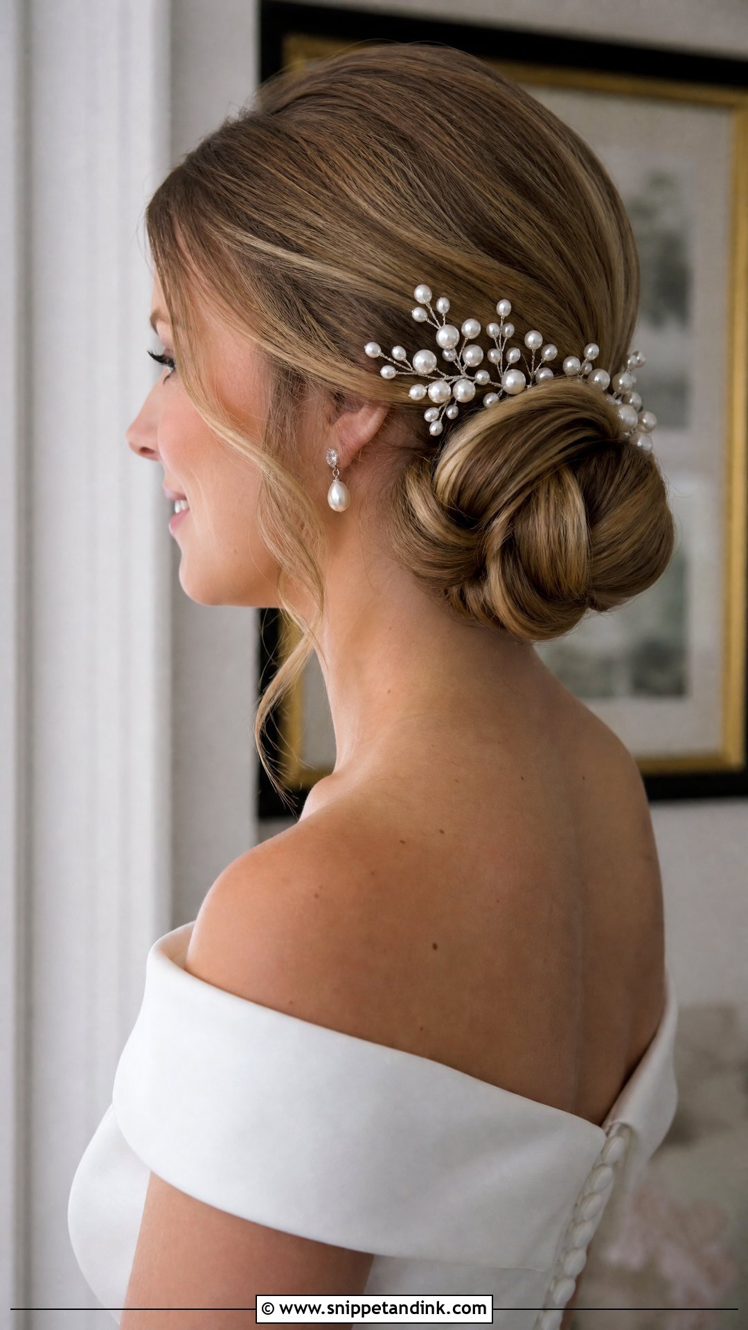 Low Chignon With Pearl Headpiece - Snippet and Ink - 20 Bridal Updo with Headpiece Ideas