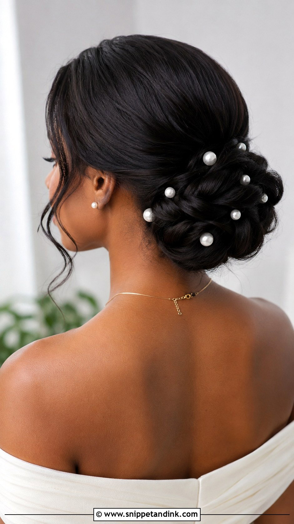 Low Chignon With Pearl Pins - Snippet and Ink - 20 Low Bun Wedding Hair Black Women Ideas