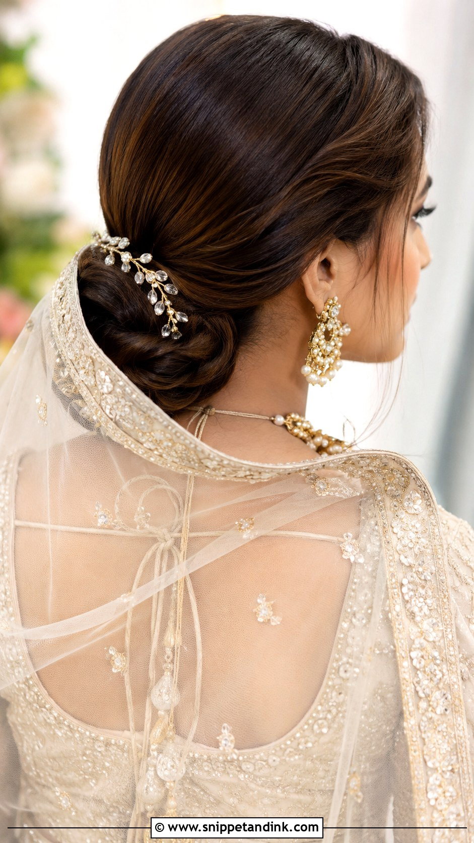 Low Chignon With Sheer Dupatta - Snippet and Ink - 20 Pakistani Bridal Hairstyles with Dupatta