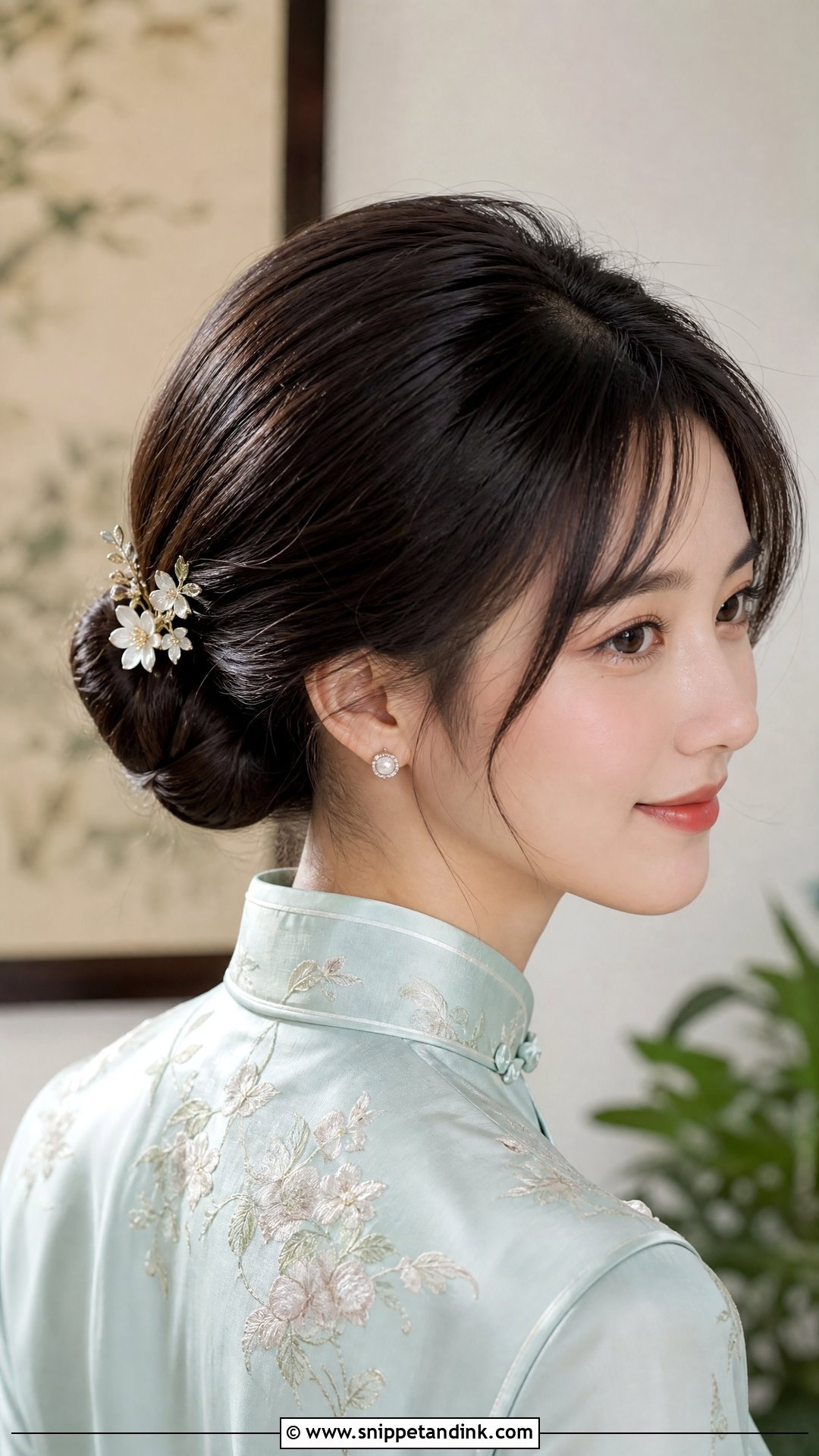 Low Chignon With Side Swept Bangs - Snippet and Ink - 20 Chinese Wedding Hairstyles