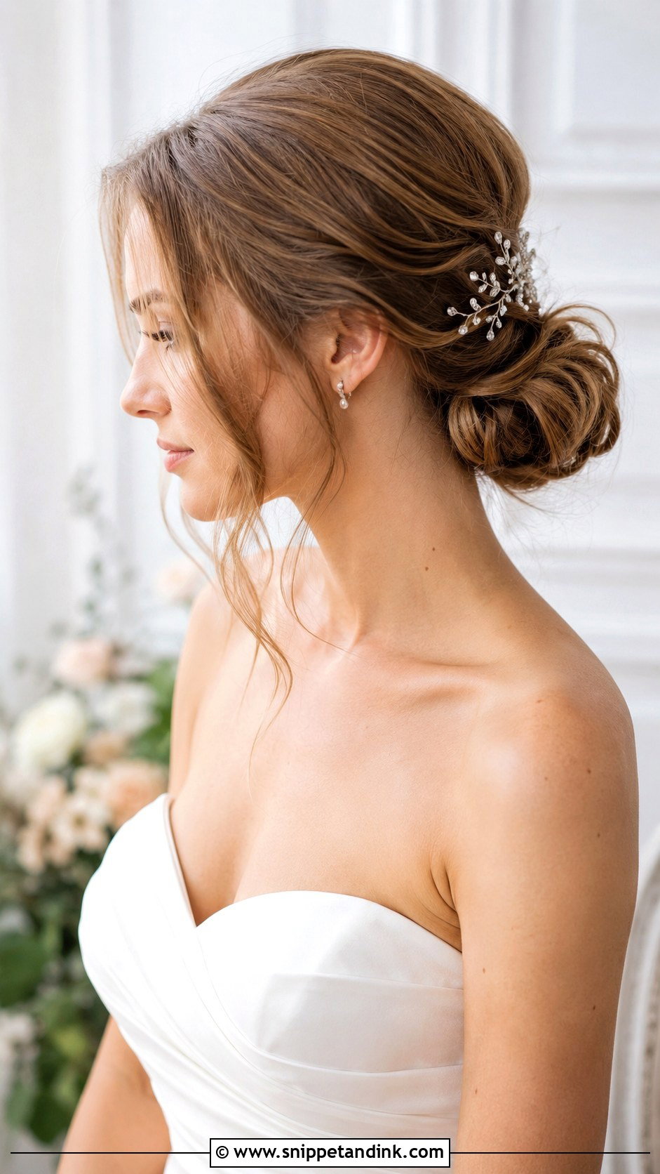 Low Chignon With Tendrils for Strapless Wedding - Snippet and Ink - 25 Wedding Hairstyles for Strapless Dress