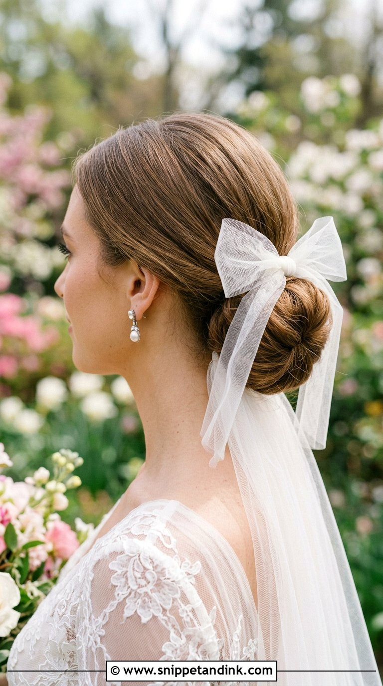 Low Chignon With Tulle Bow - Snippet and Ink - 20 Bridal Hair with Bow Ideas