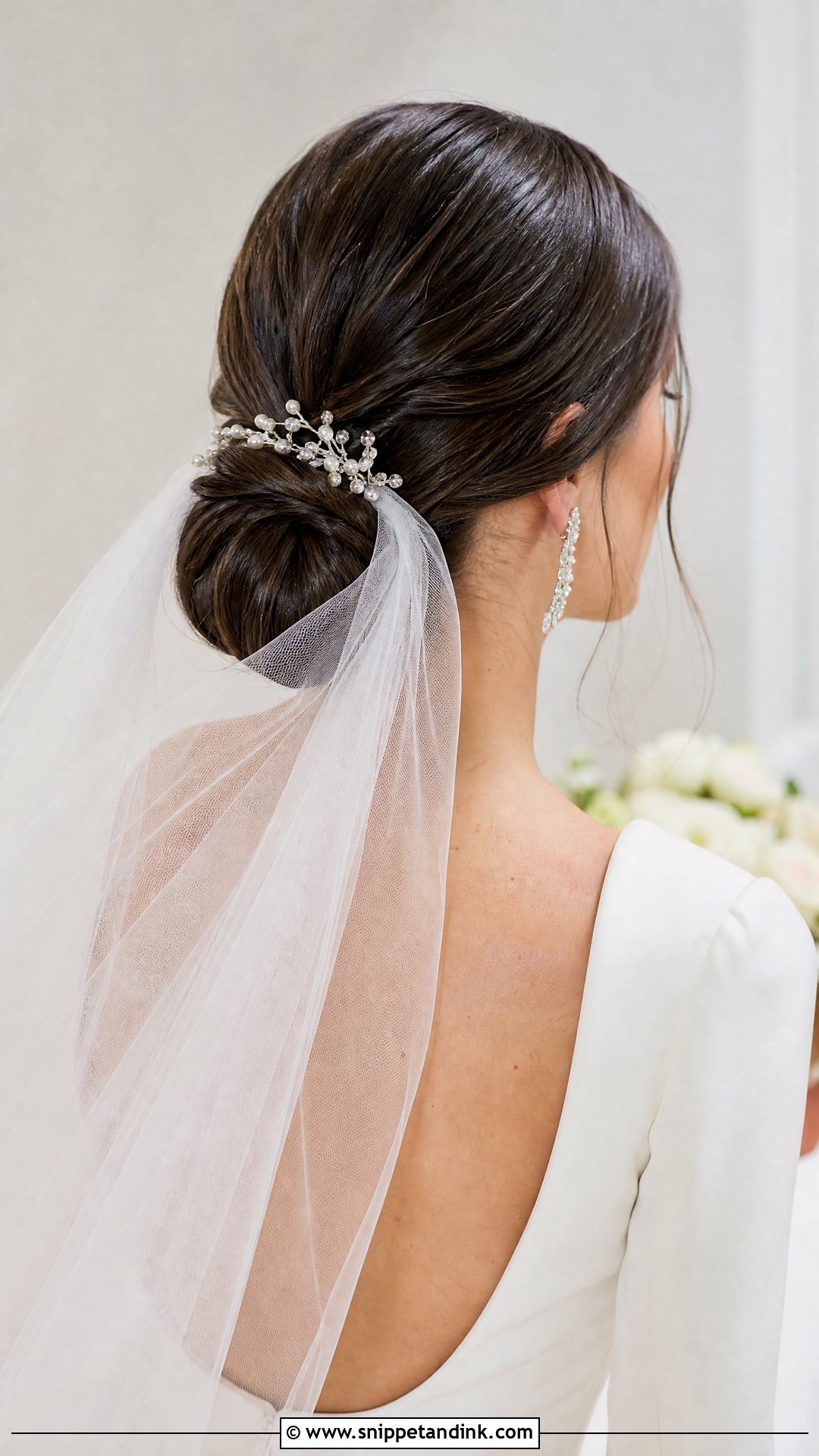 Low Chignon With Veil for Dark Hair - Snippet and Ink - 20 Dark Hair Wedding Hairstyles Brides