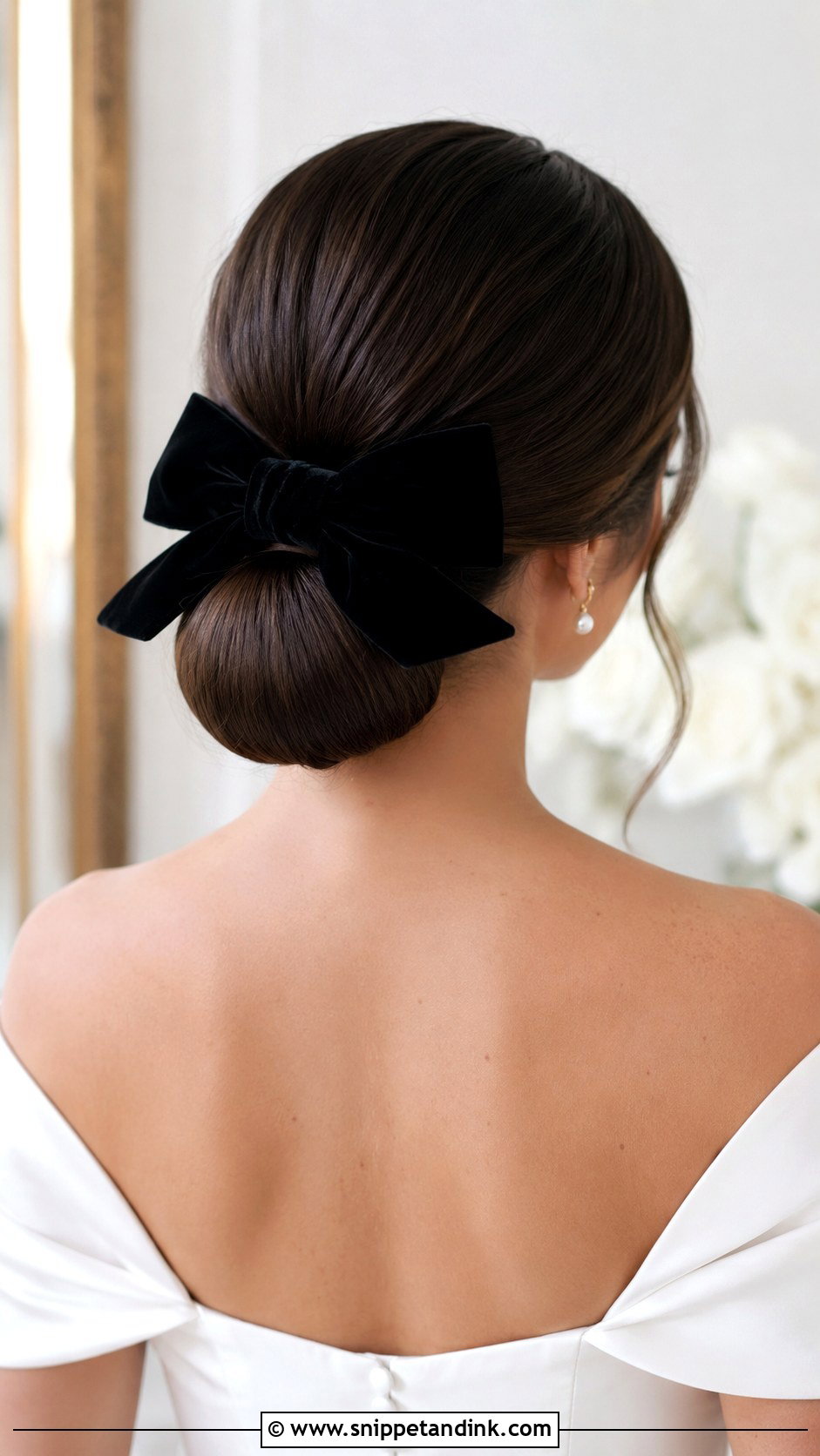 Low Chignon With a Velvet Bow - Snippet and Ink - 20 Wedding Hair with Bow Ideas