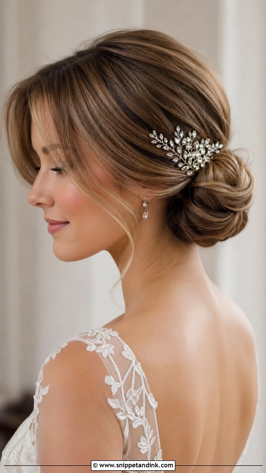 Low Chignon with Curtain Bangs - Snippet and Ink - 20 Wedding Hair with Fringe Ideas