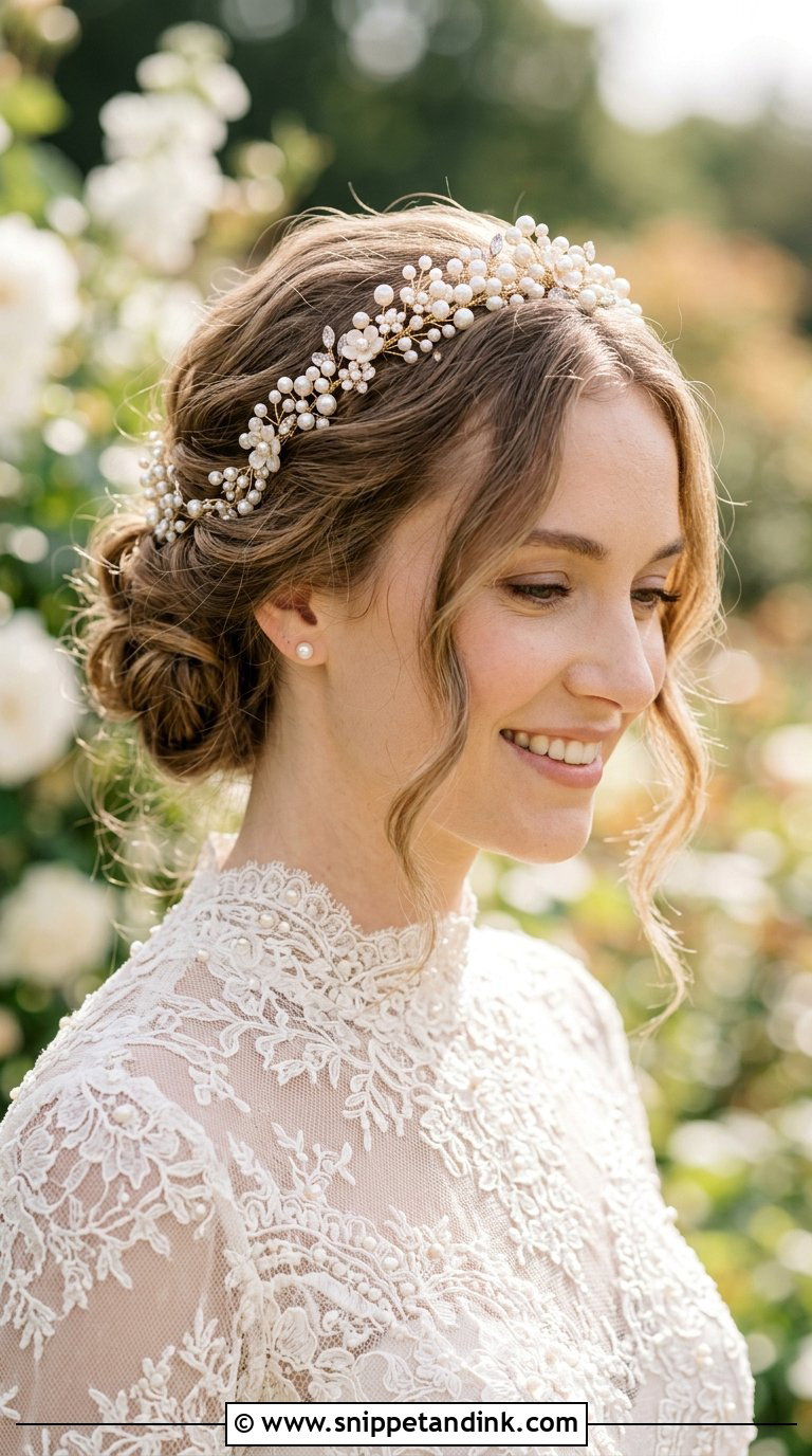 Low Chignon with Pearl Crown - Snippet and Ink - 20 Bridal Hair with Crown Ideas