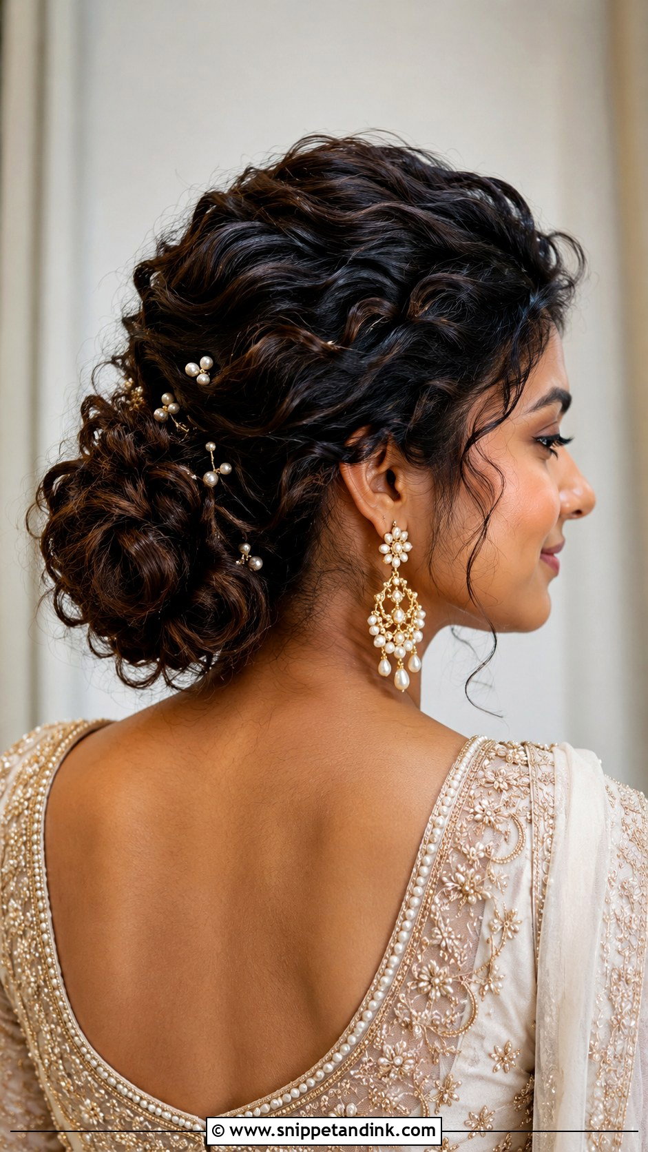Low Curly Bridal Bun - Snippet and Ink - 20 Indian Curly Hair Bridal Hairstyles