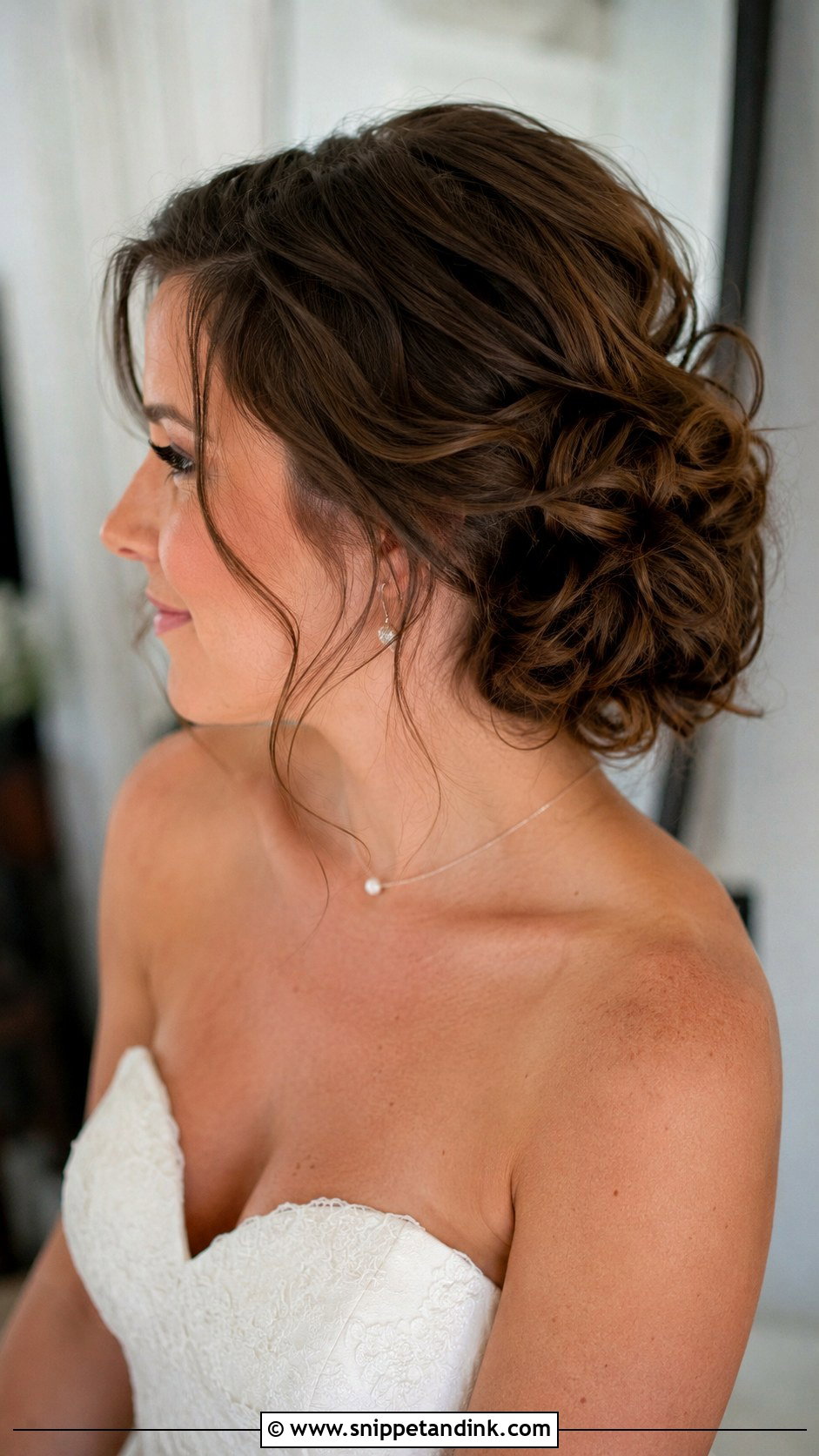 Low Curly Chignon for Brides - Snippet and Ink - 30 Curly Hair Updo Wedding Ideas