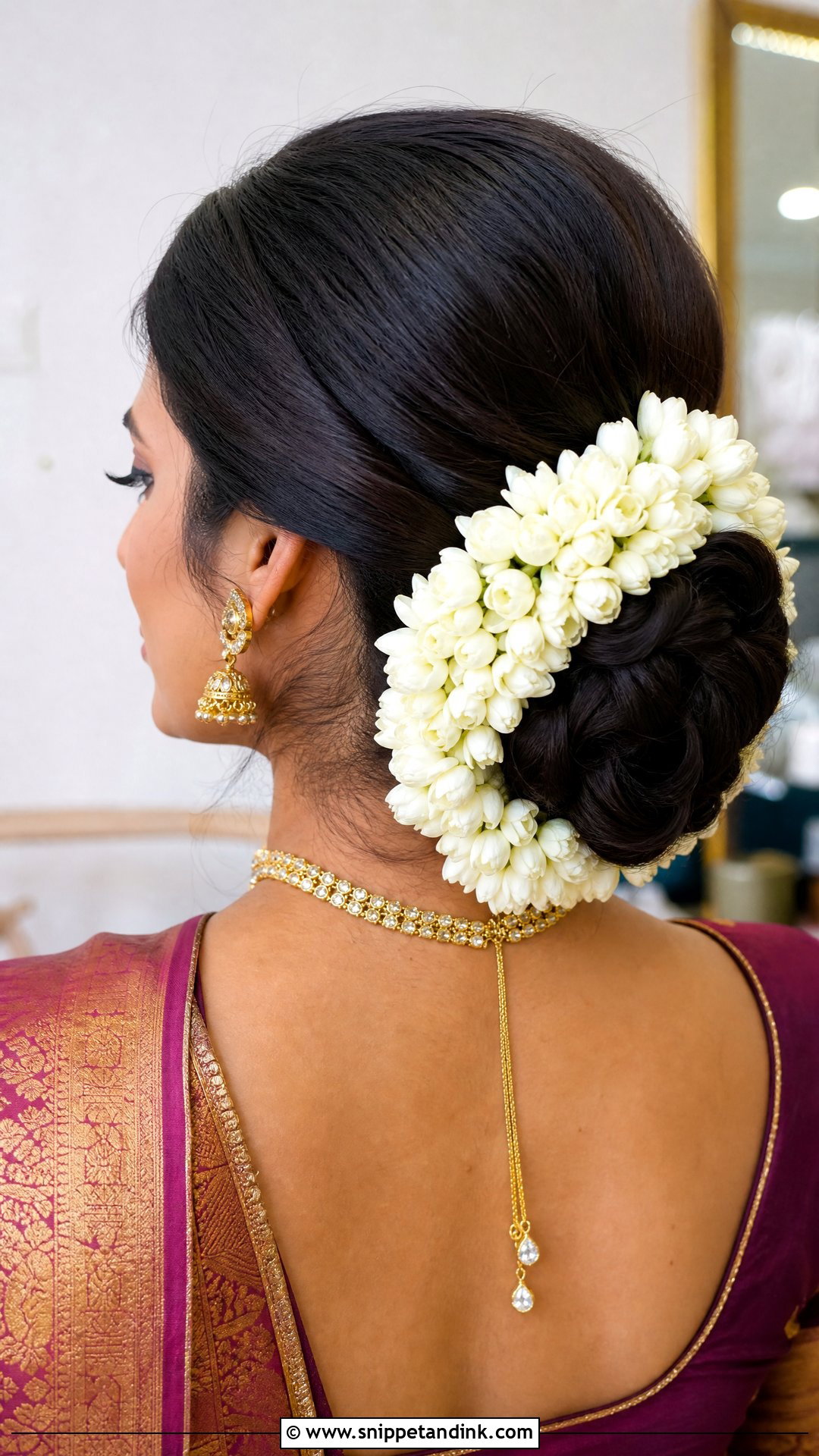Low Floral Bun With Gajra - Snippet and Ink - 20 Indian Hairstyle for Wedding Guest Ideas